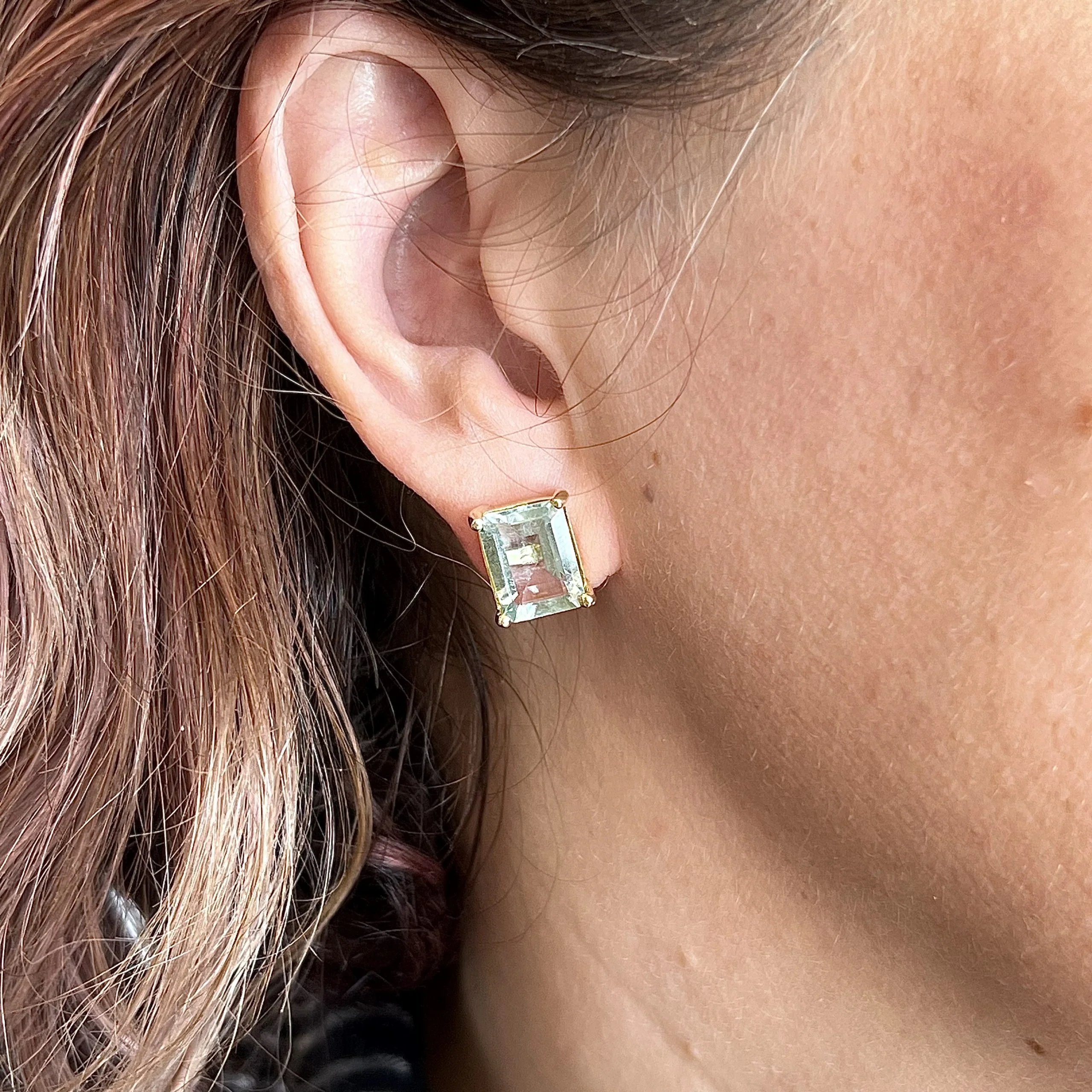 Large Emerald Cut Aquamarine Stud Earrings in 14k Yellow Gold - Image 4