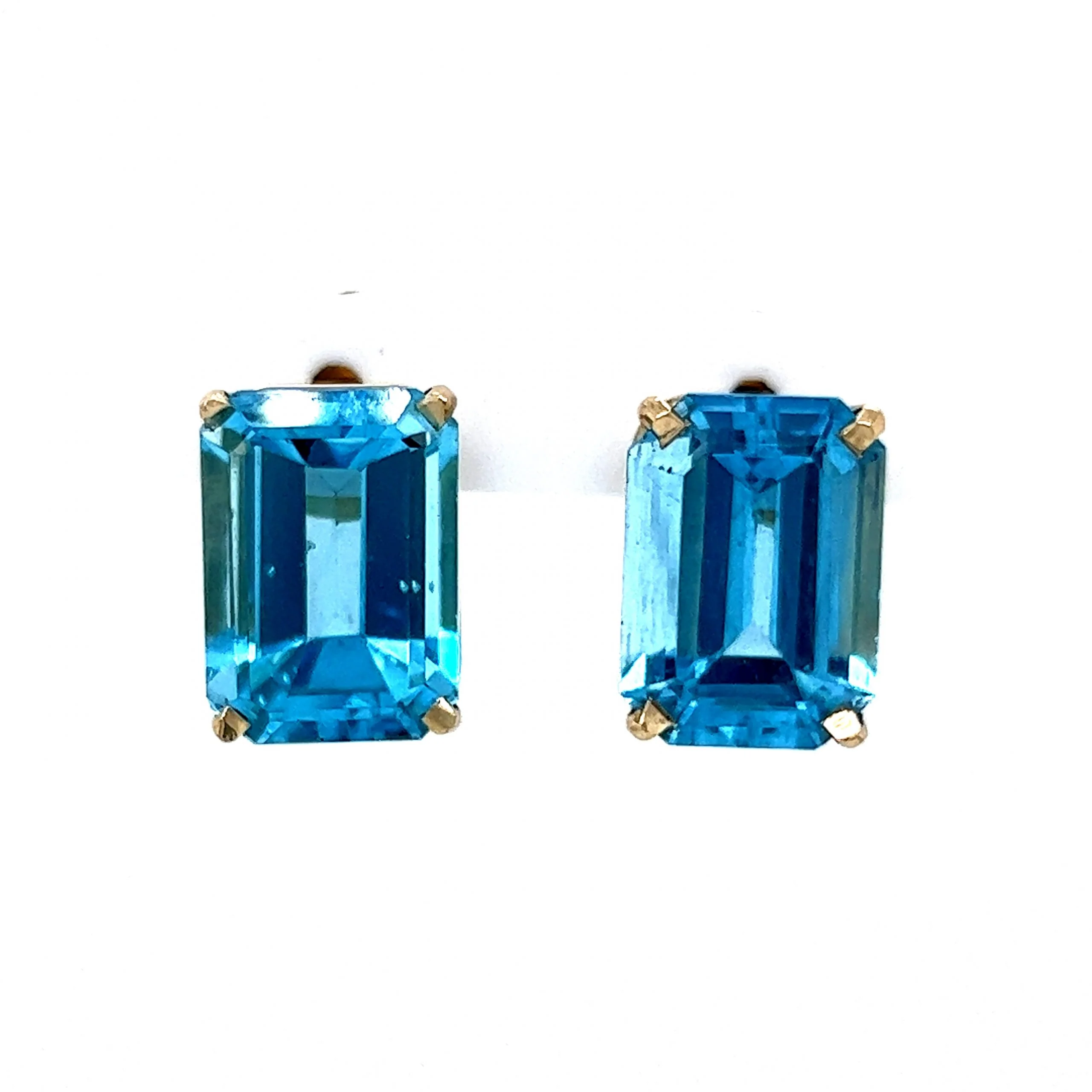 Large Emerald Cut Blue Topaz Earrings in 14k Yellow Gold