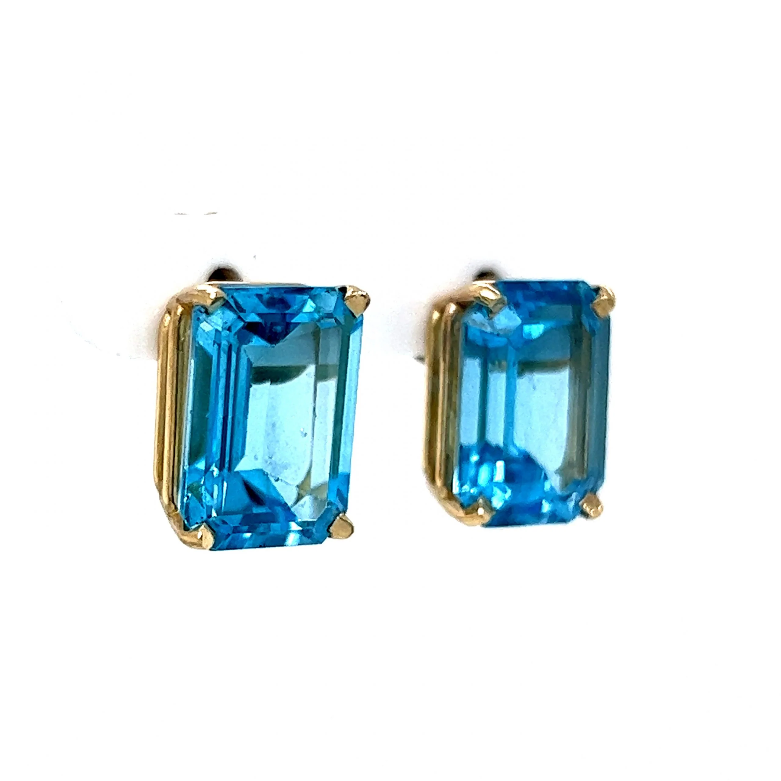 Large Emerald Cut Blue Topaz Earrings in 14k Yellow Gold - Image 3