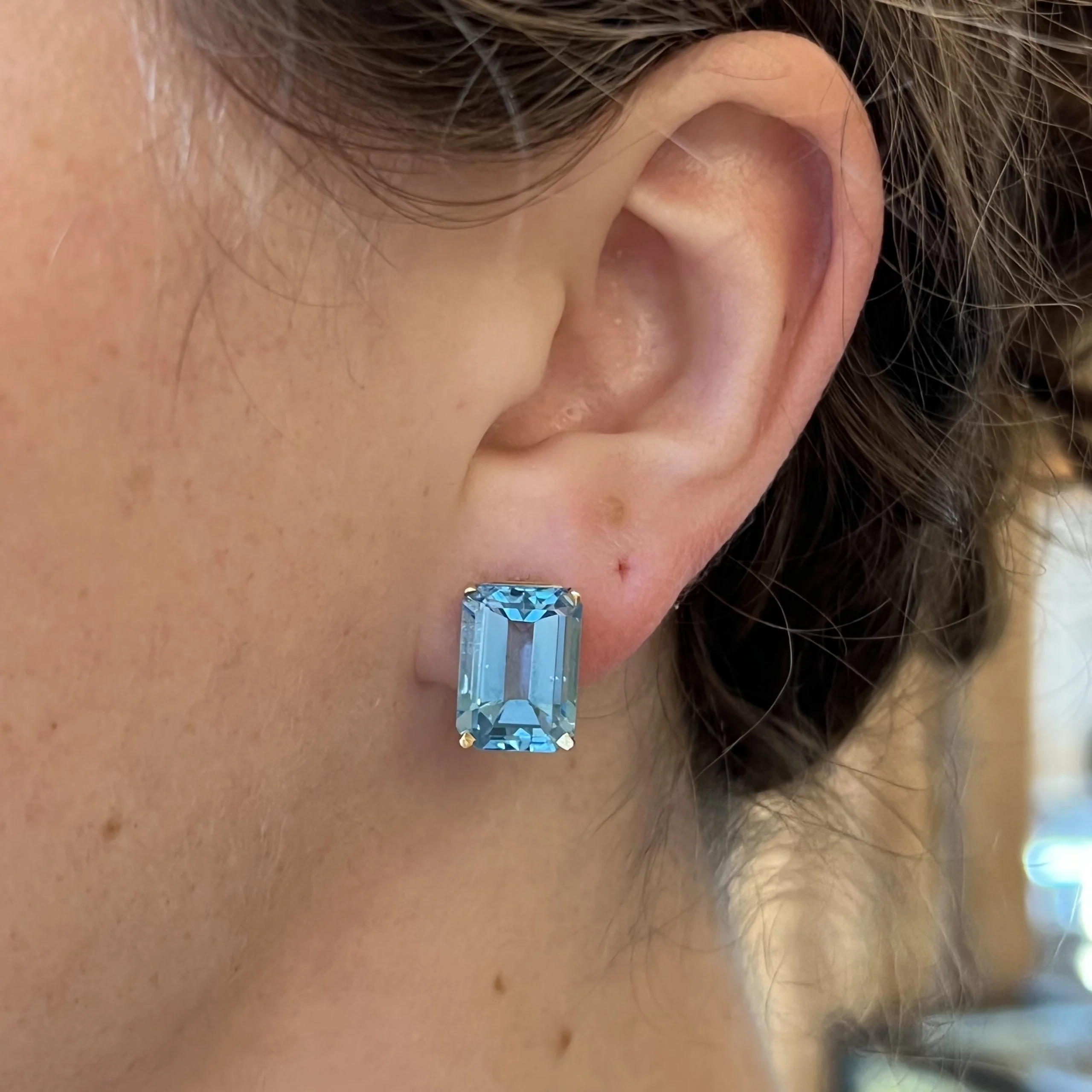 Large Emerald Cut Blue Topaz Earrings in 14k Yellow Gold - Image 4