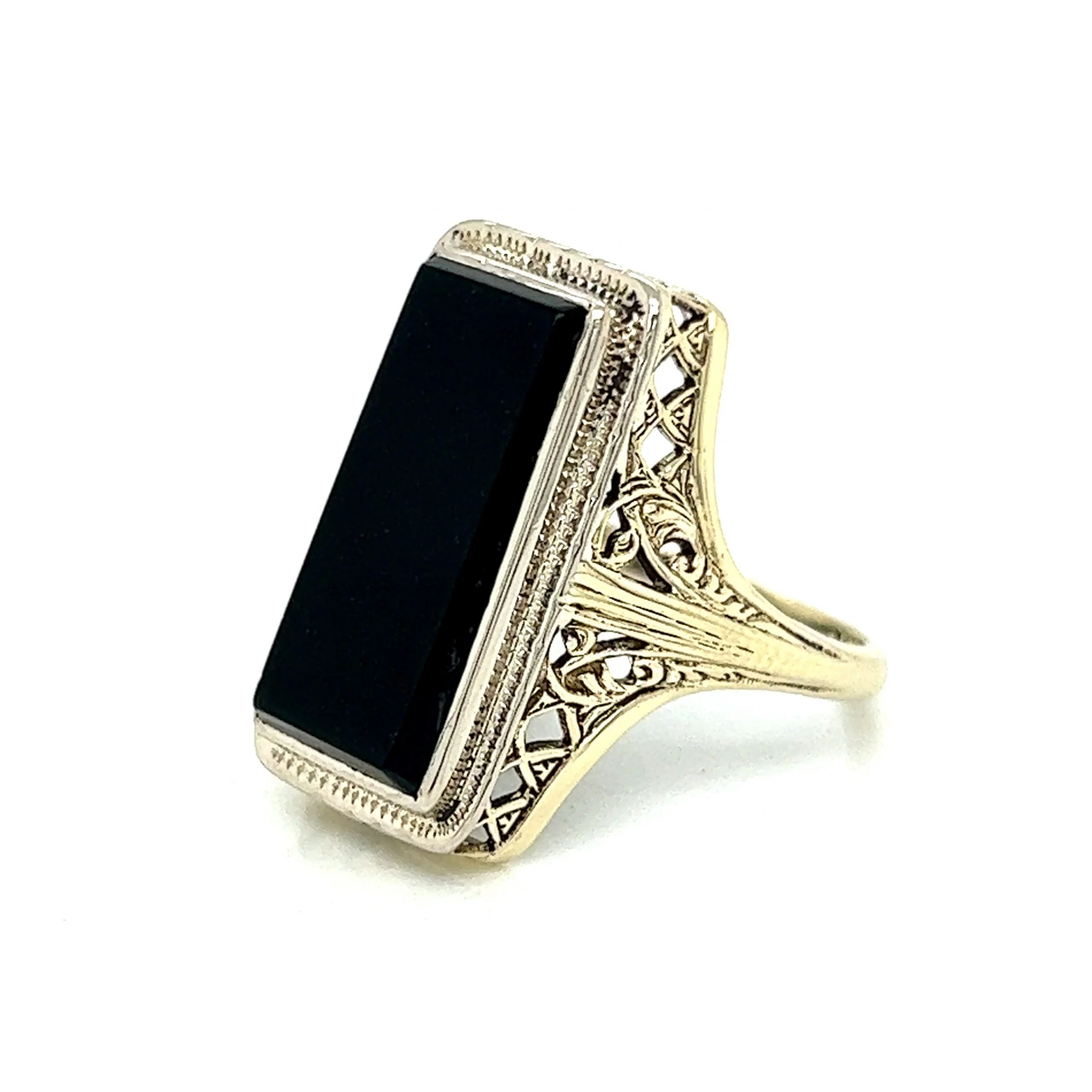 Late Art Deco Onyx Ring in 14k White & Yellow Gold - Image 2