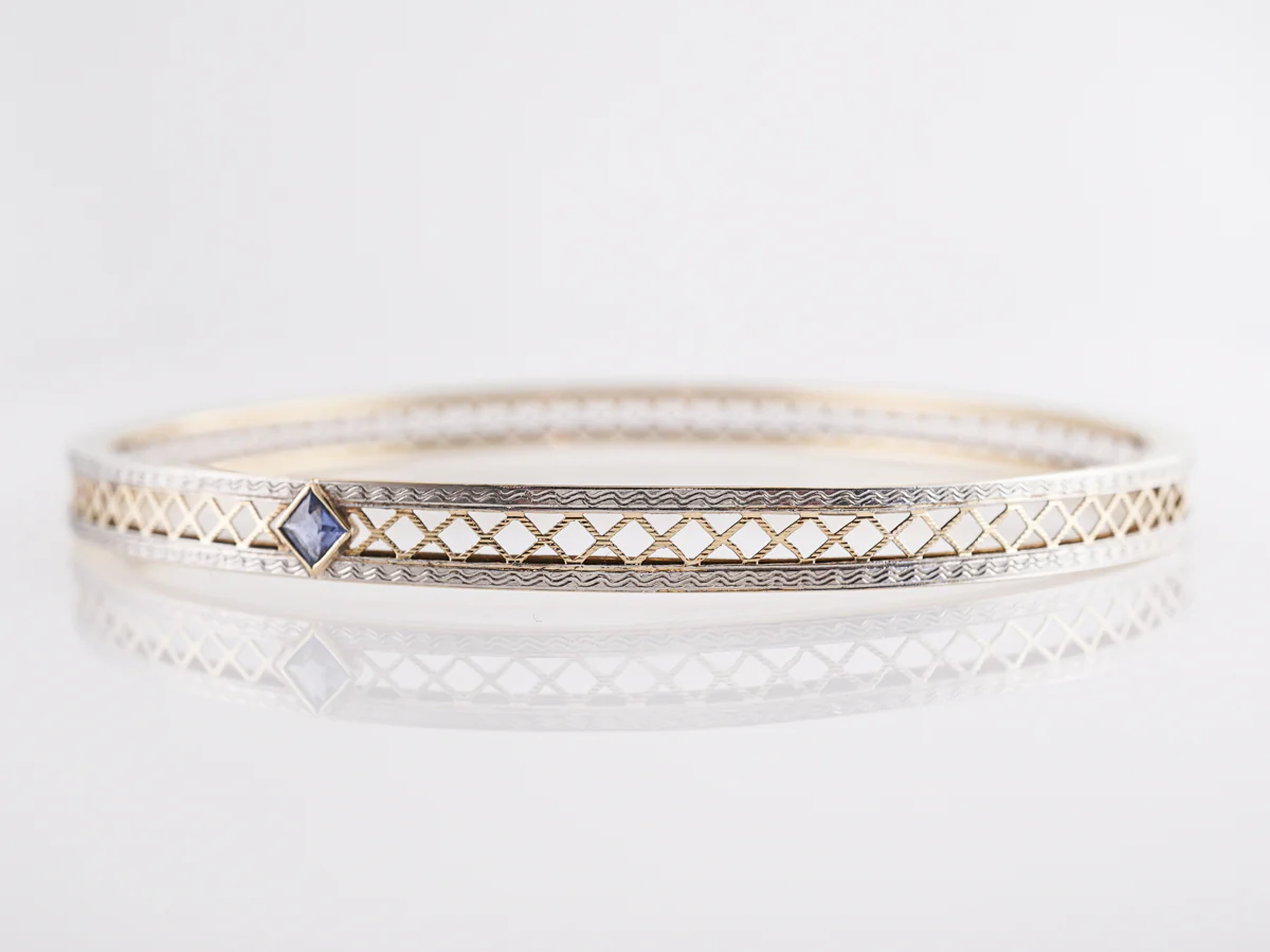 Late Art Deco Sapphire Bangle Bracelet in 14k White & Yellow Gold - Image 2