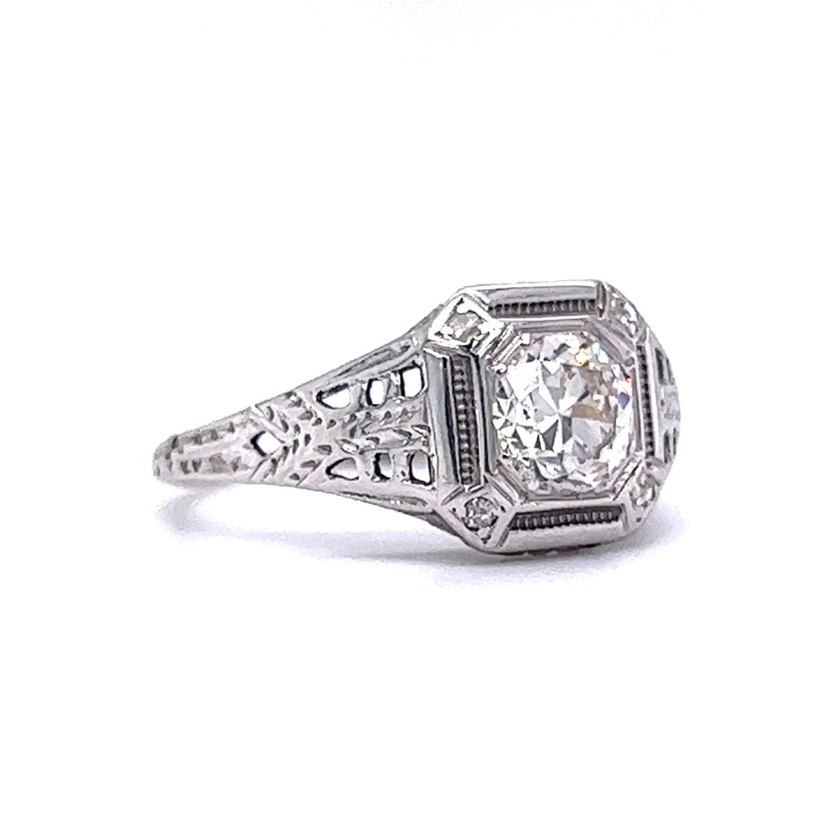 Low Profile Filigree Diamond Engagement Ring in 18k - Image 3