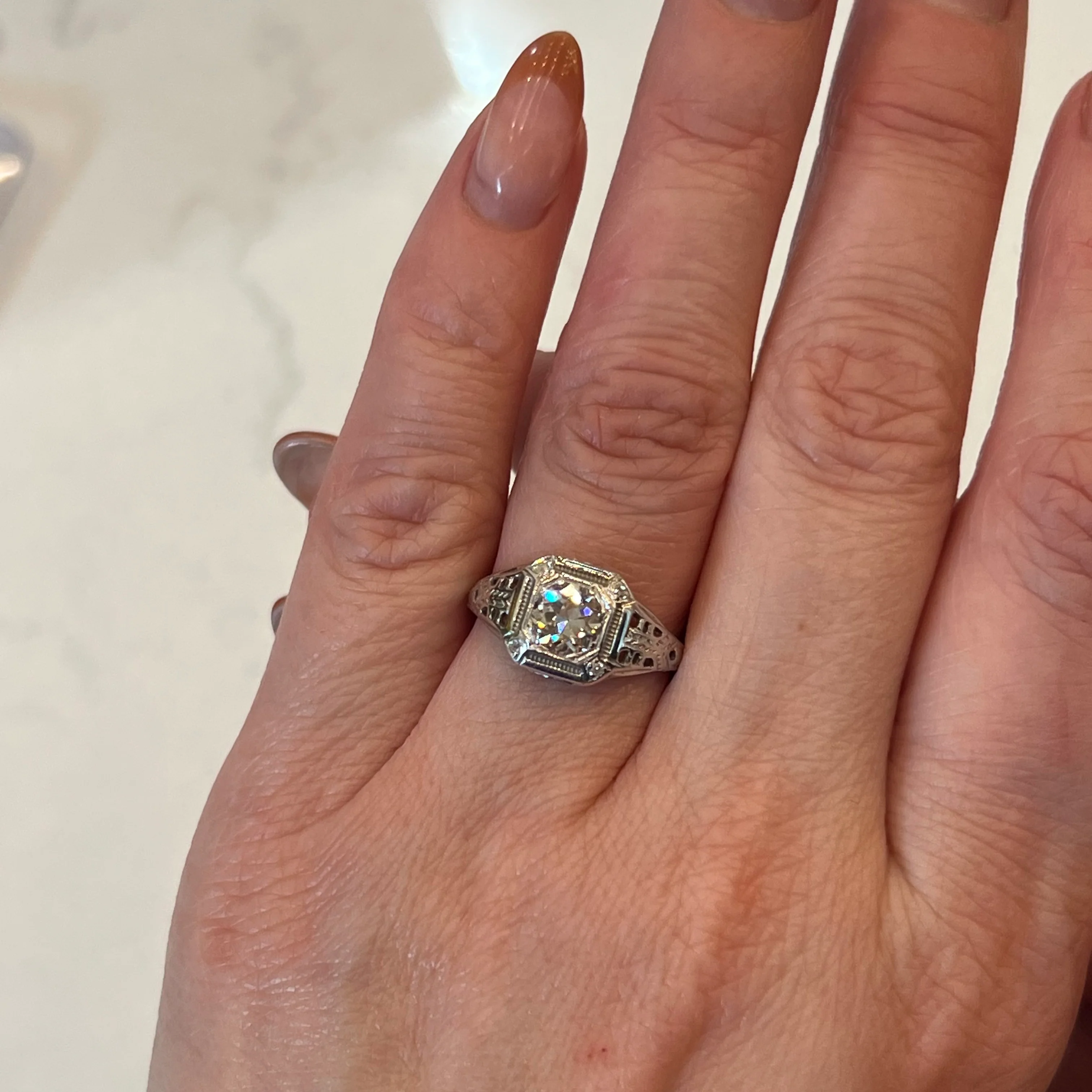 Low Profile Filigree Diamond Engagement Ring in 18k - Image 6