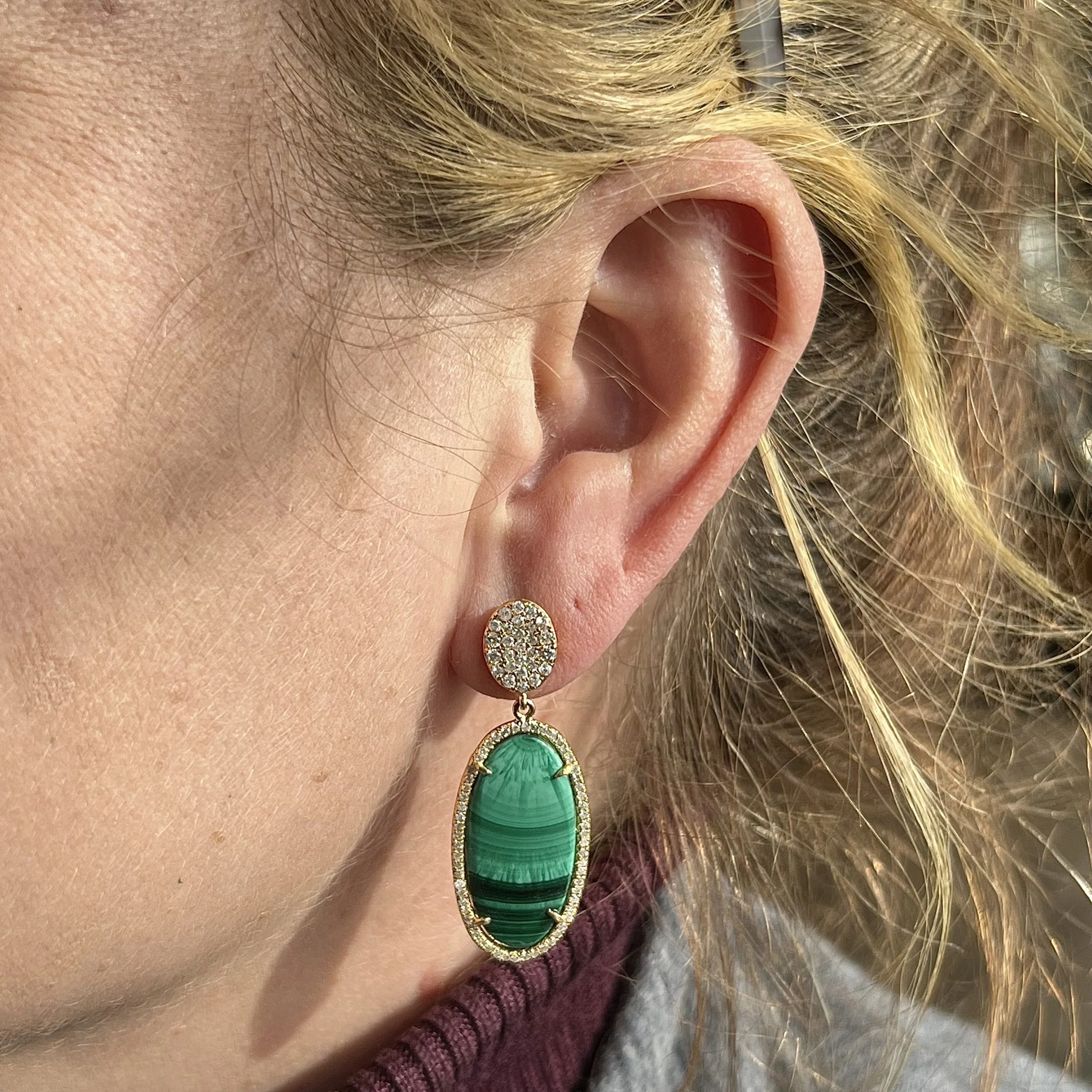 Malachite & Diamond Drop Earrings in 18k Yellow Gold - Image 4