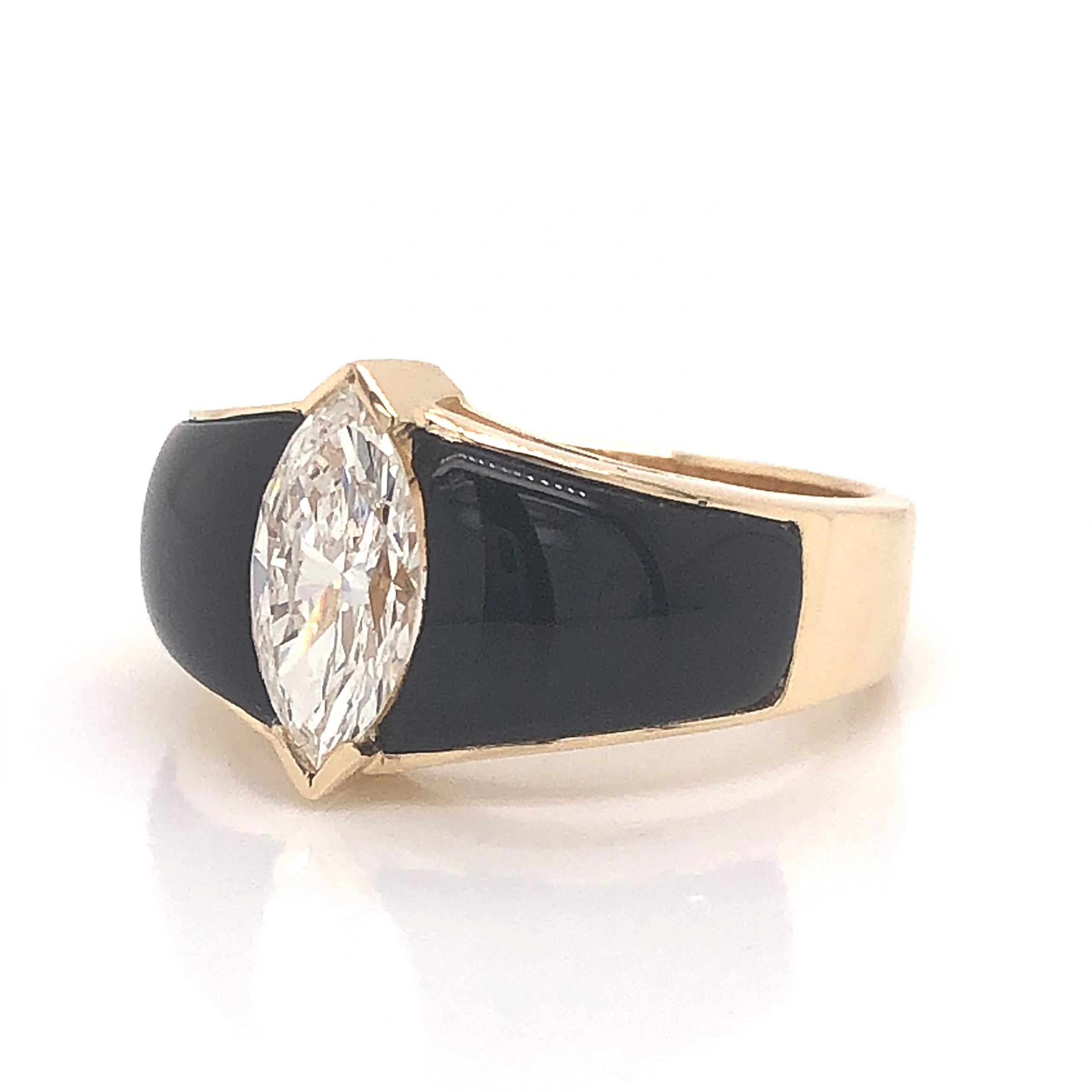 Marquise Diamond & Onyx Cocktail Ring in 14k Yellow Gold - Image 2