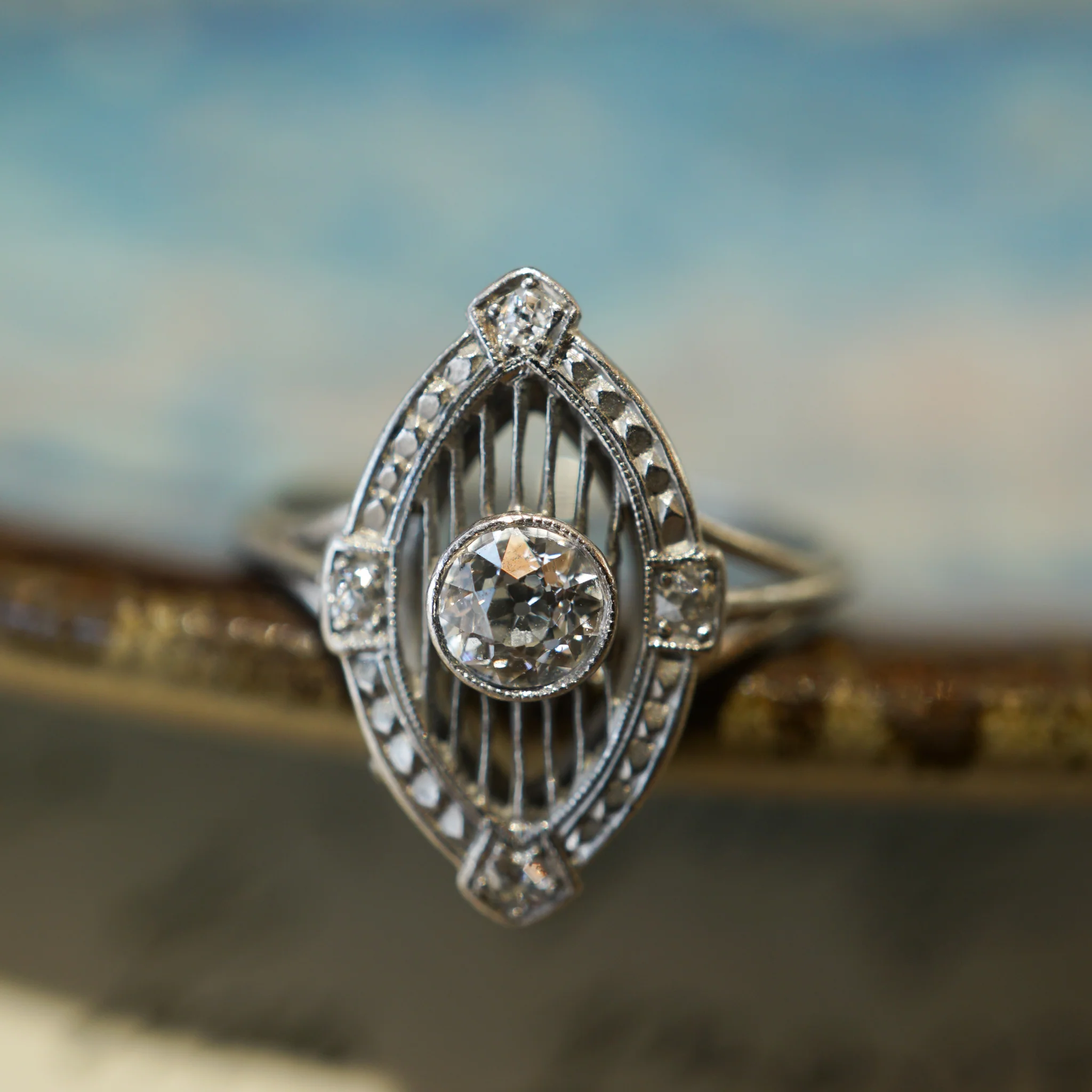 Marquise Shaped Art Deco Diamond Cocktail Ring in Platinum - Image 4