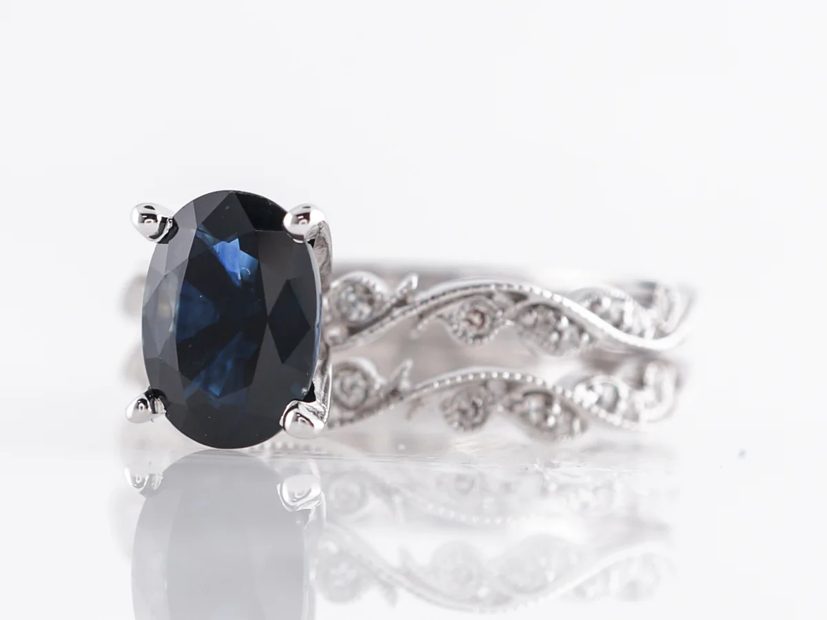Matching Wedding Set w/ Oval Sapphire & Diamonds in White Gold - Image 2
