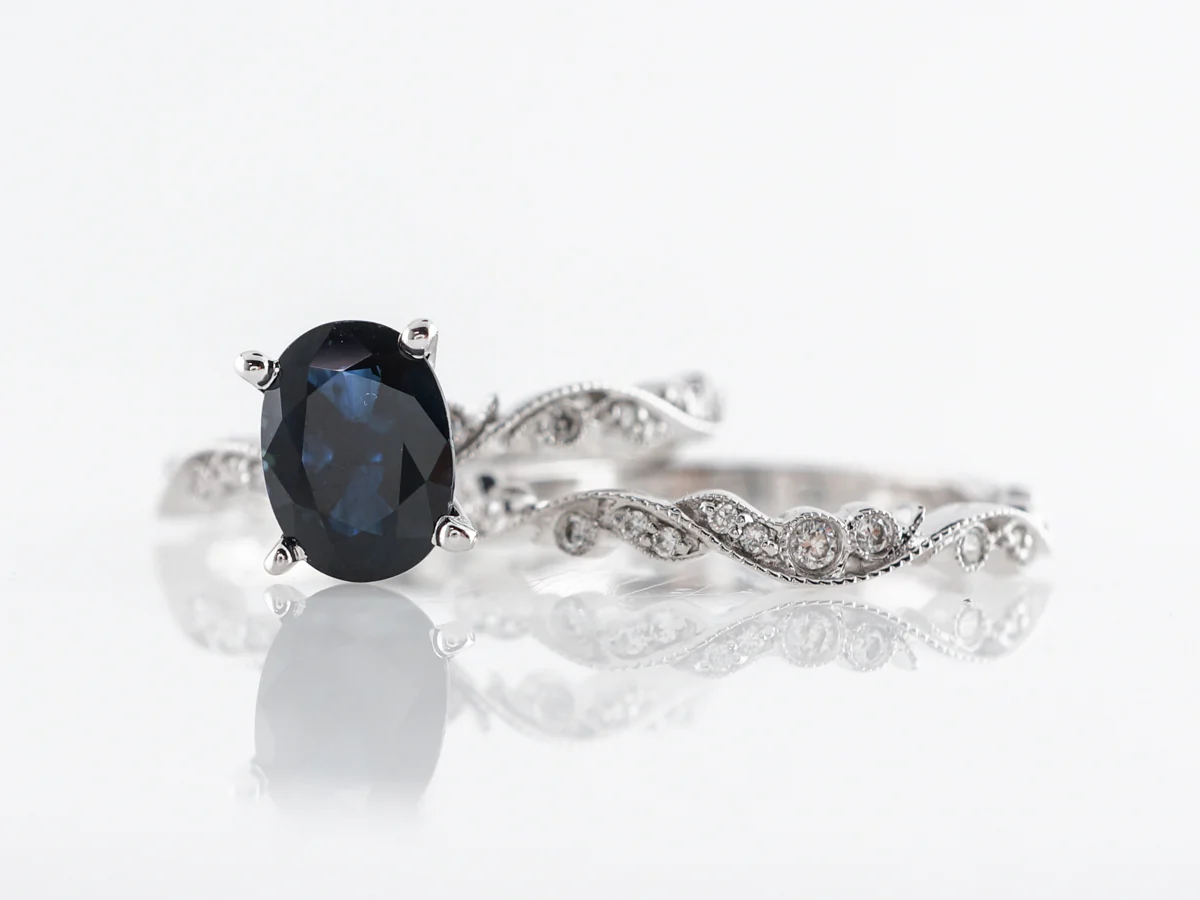 Matching Wedding Set w/ Oval Sapphire & Diamonds in White Gold - Image 5