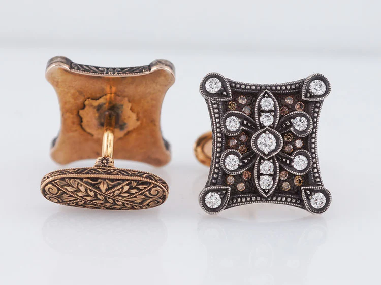 Men's Antique Style Cufflinks 1.50cttw Round Brilliant Cut Diamonds in 18k Rose Gold and Sterling Silver - Image 2