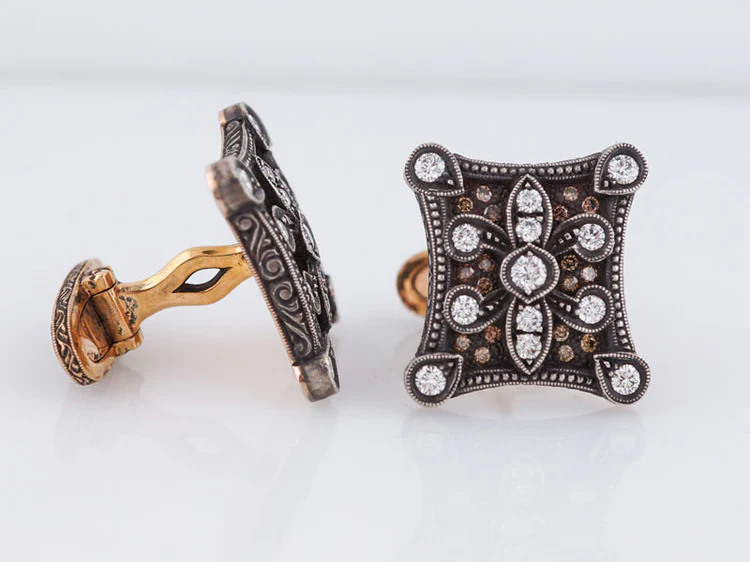 Men's Antique Style Cufflinks 1.50cttw Round Brilliant Cut Diamonds in 18k Rose Gold and Sterling Silver - Image 3
