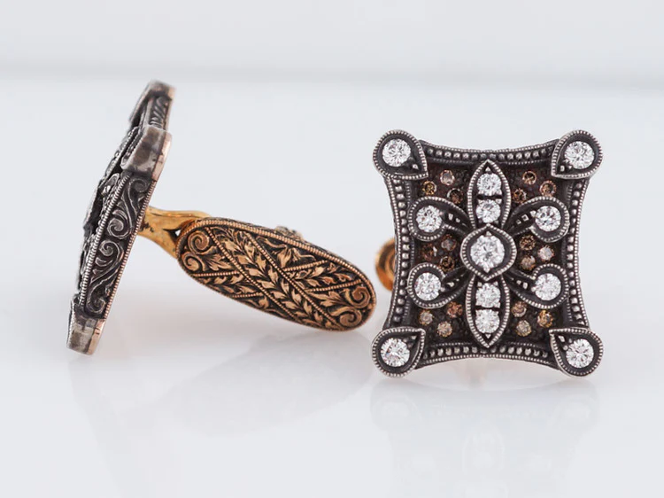 Men's Antique Style Cufflinks 1.50cttw Round Brilliant Cut Diamonds in 18k Rose Gold and Sterling Silver - Image 4