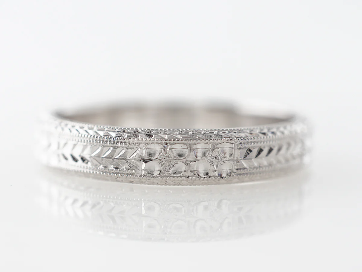 Men's Art Deco Wedding Band w/ Engraving in 18 White Gold
