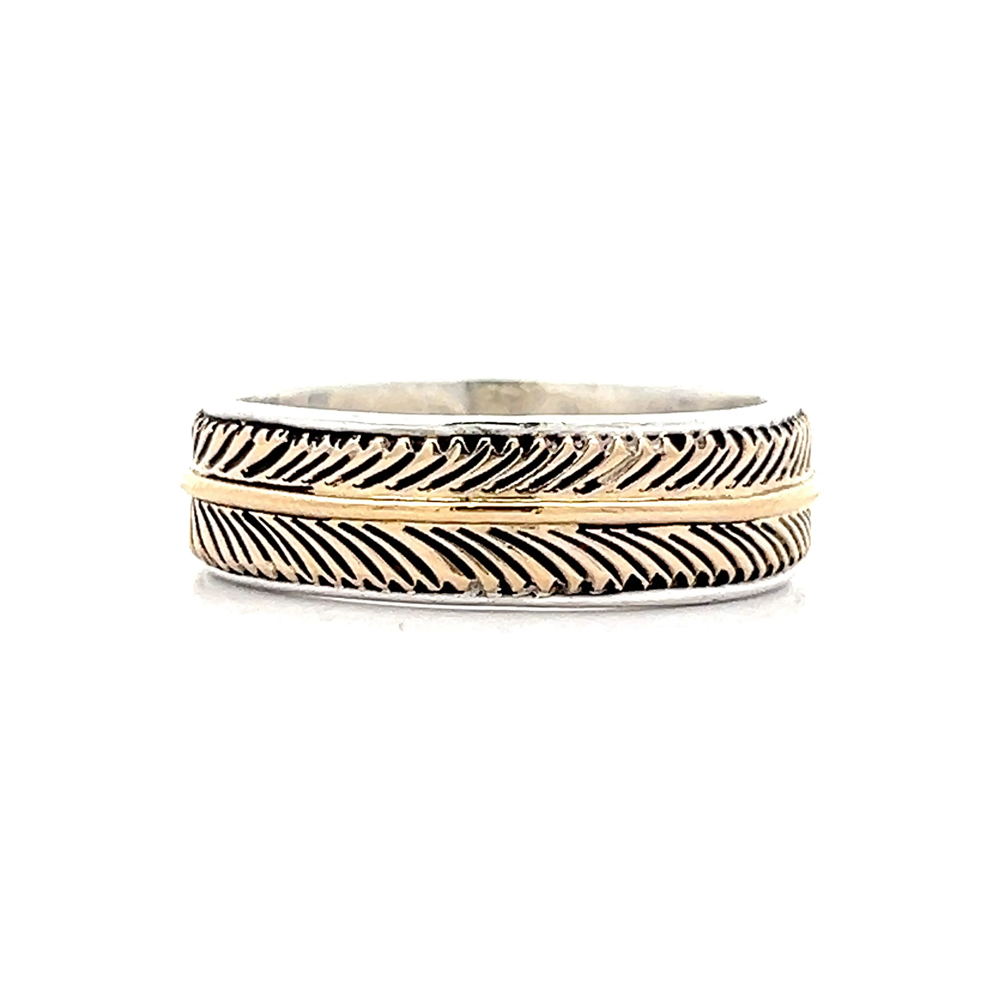 Men's H Mace Feather Wedding Band in 14k Yellow Gold & Silver