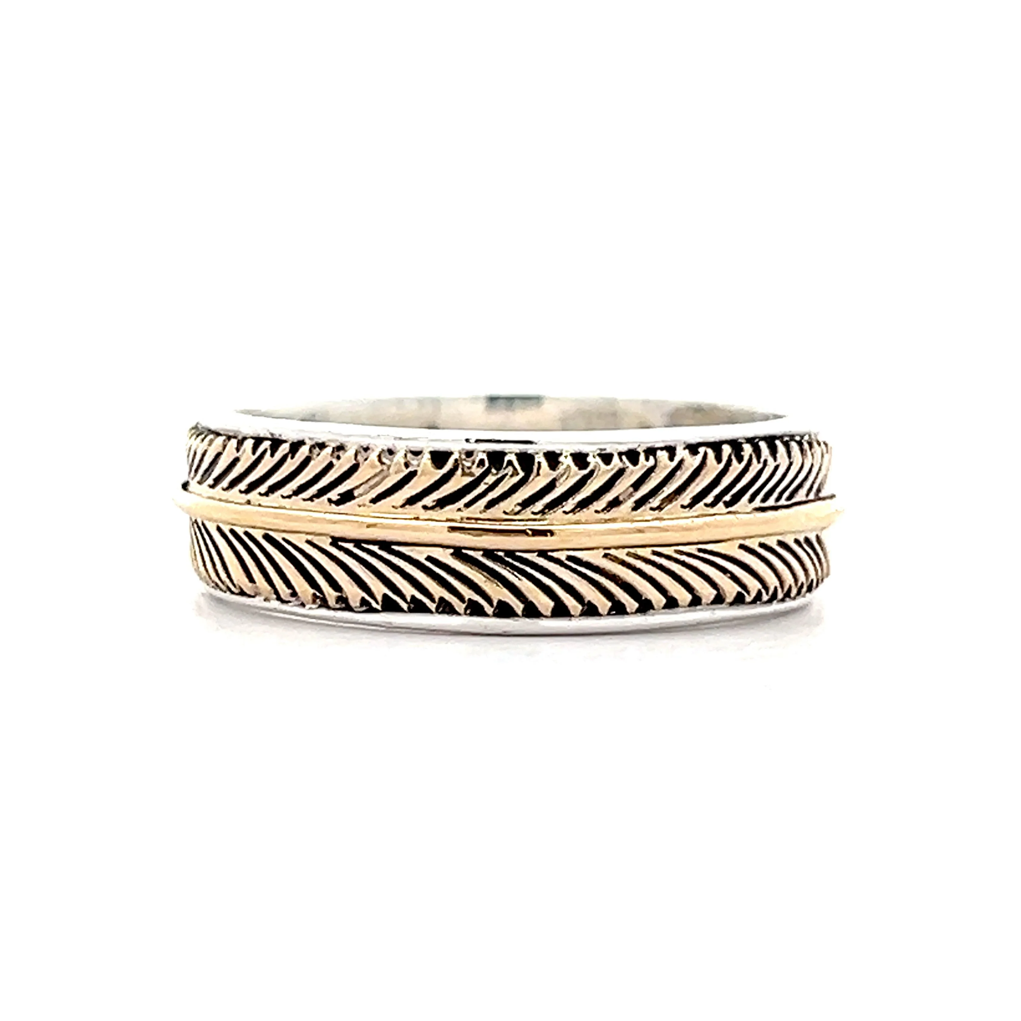 Men's H Mace Feather Wedding Band in 14k Yellow Gold & Silver - Image 2