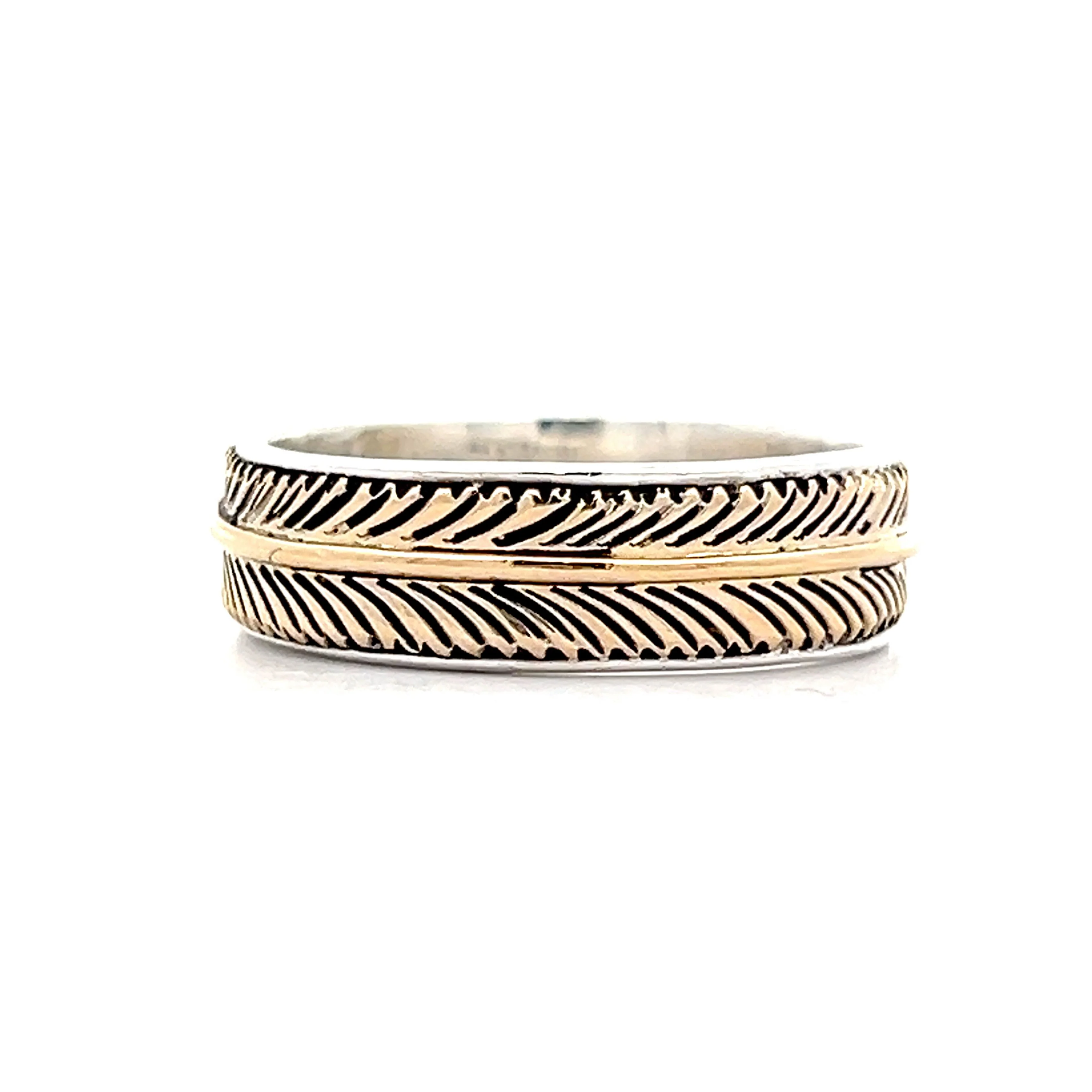 Men's H Mace Feather Wedding Band in 14k Yellow Gold & Silver - Image 3