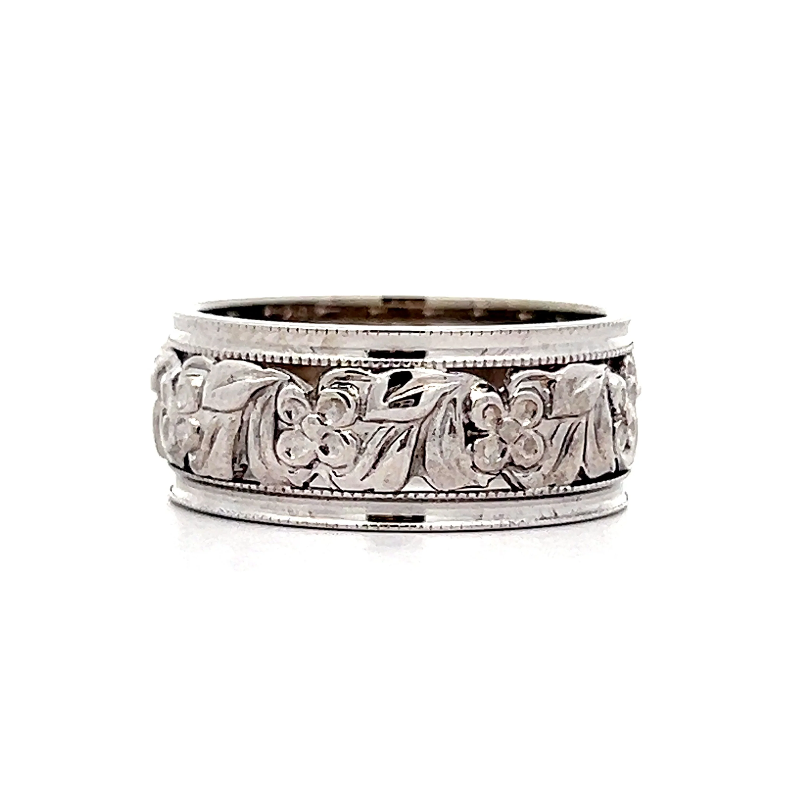 Mens Vintage Floral Blossom Band in 14k White Gold