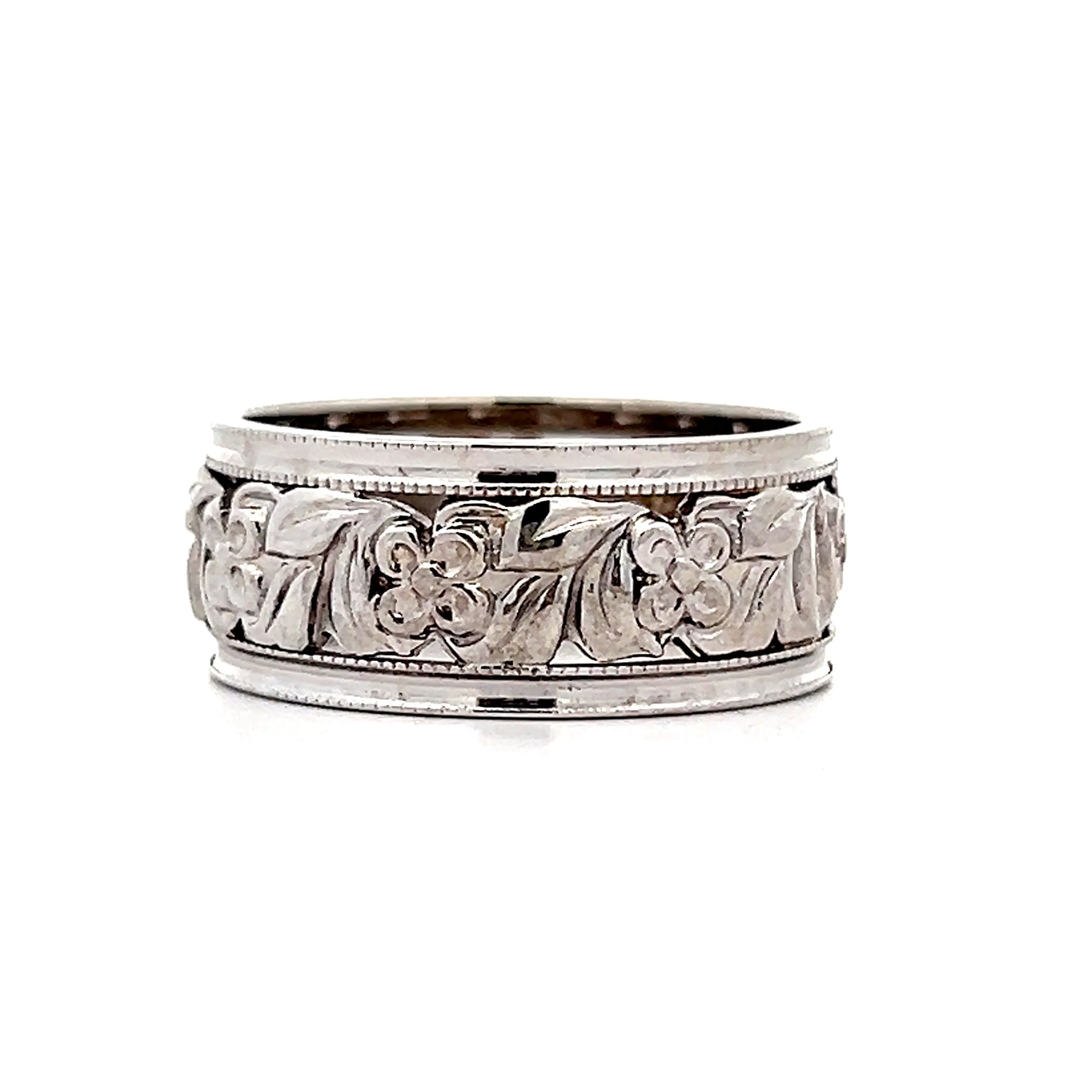 Mens Vintage Floral Blossom Band in 14k White Gold - Image 2