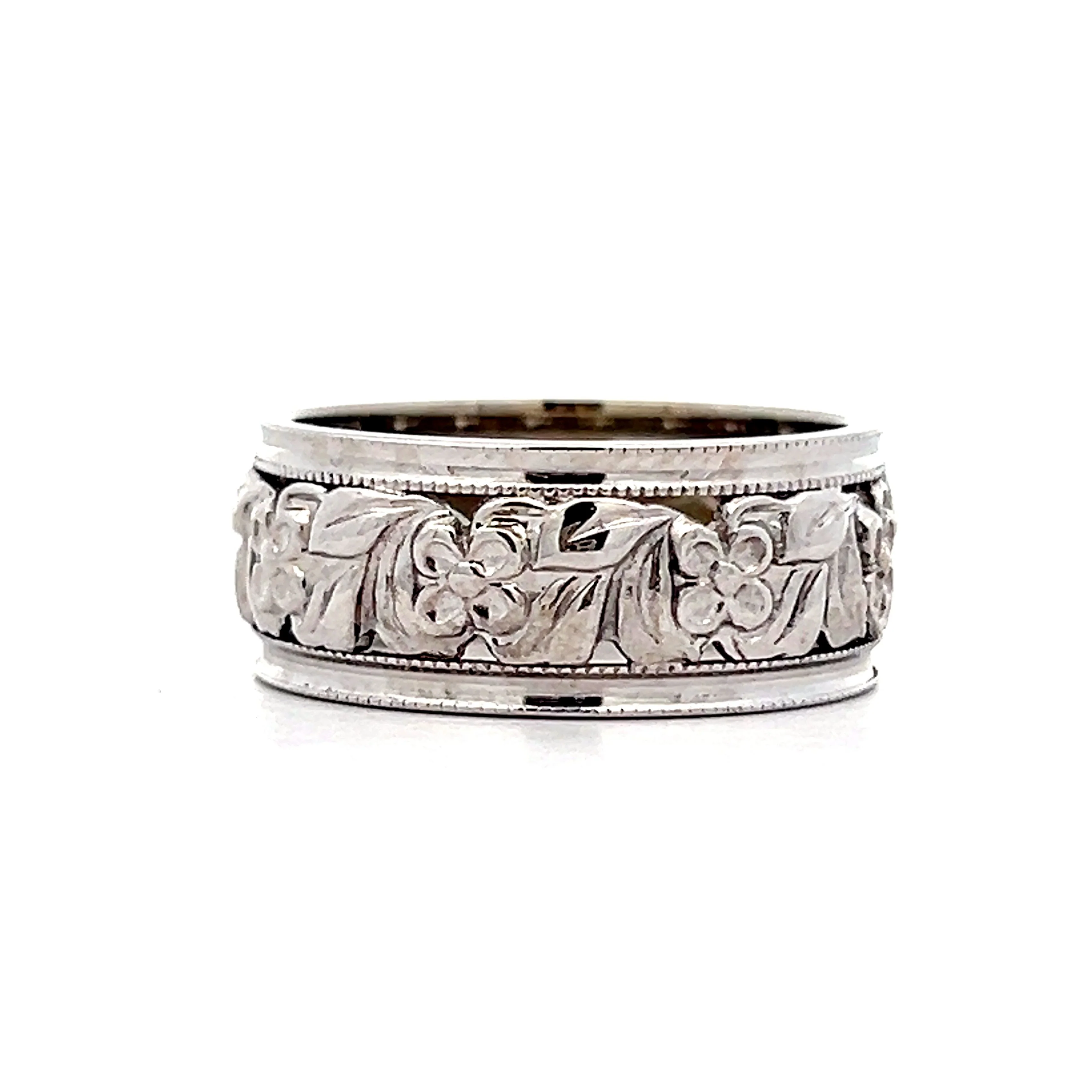 Mens Vintage Floral Blossom Band in 14k White Gold - Image 3