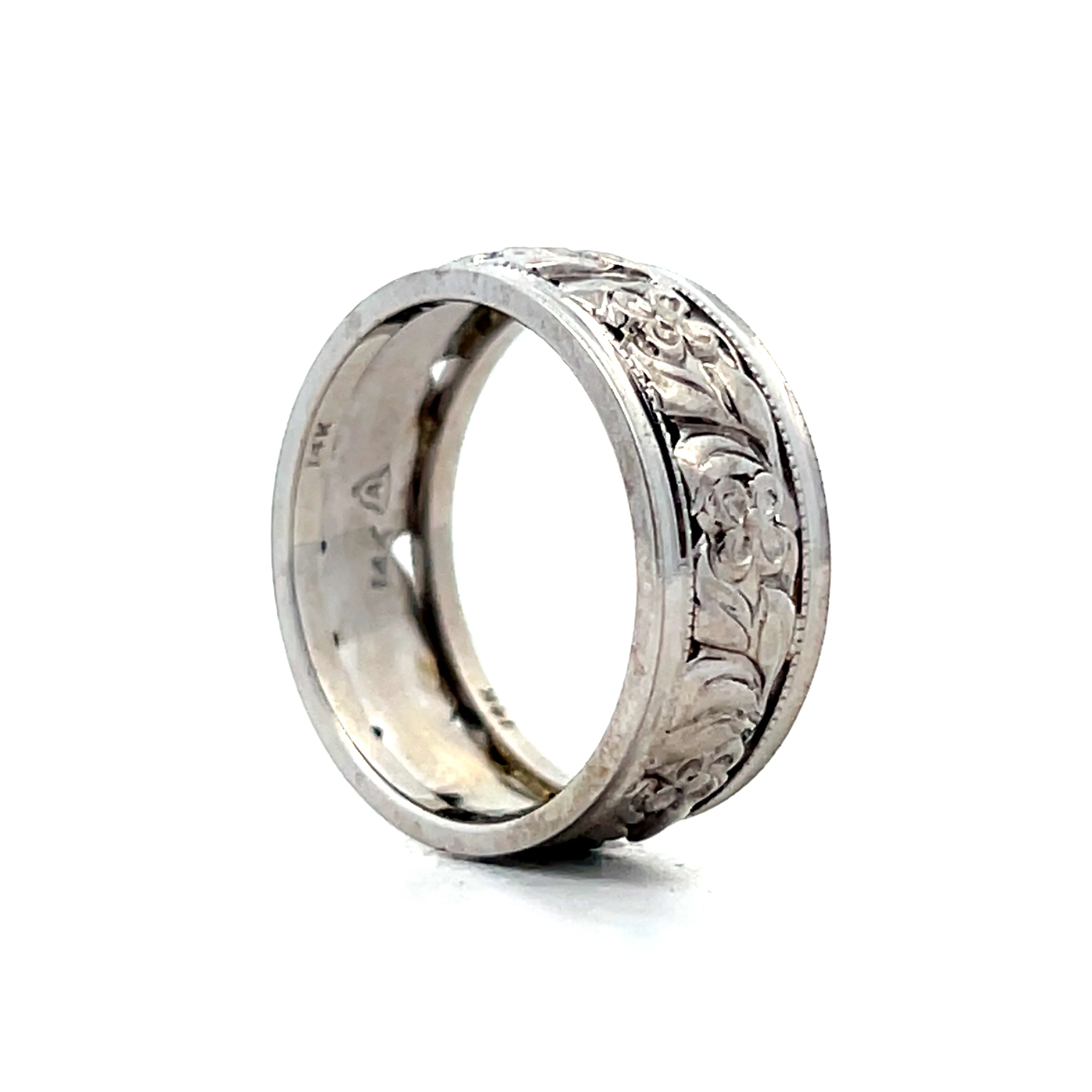 Mens Vintage Floral Blossom Band in 14k White Gold - Image 5