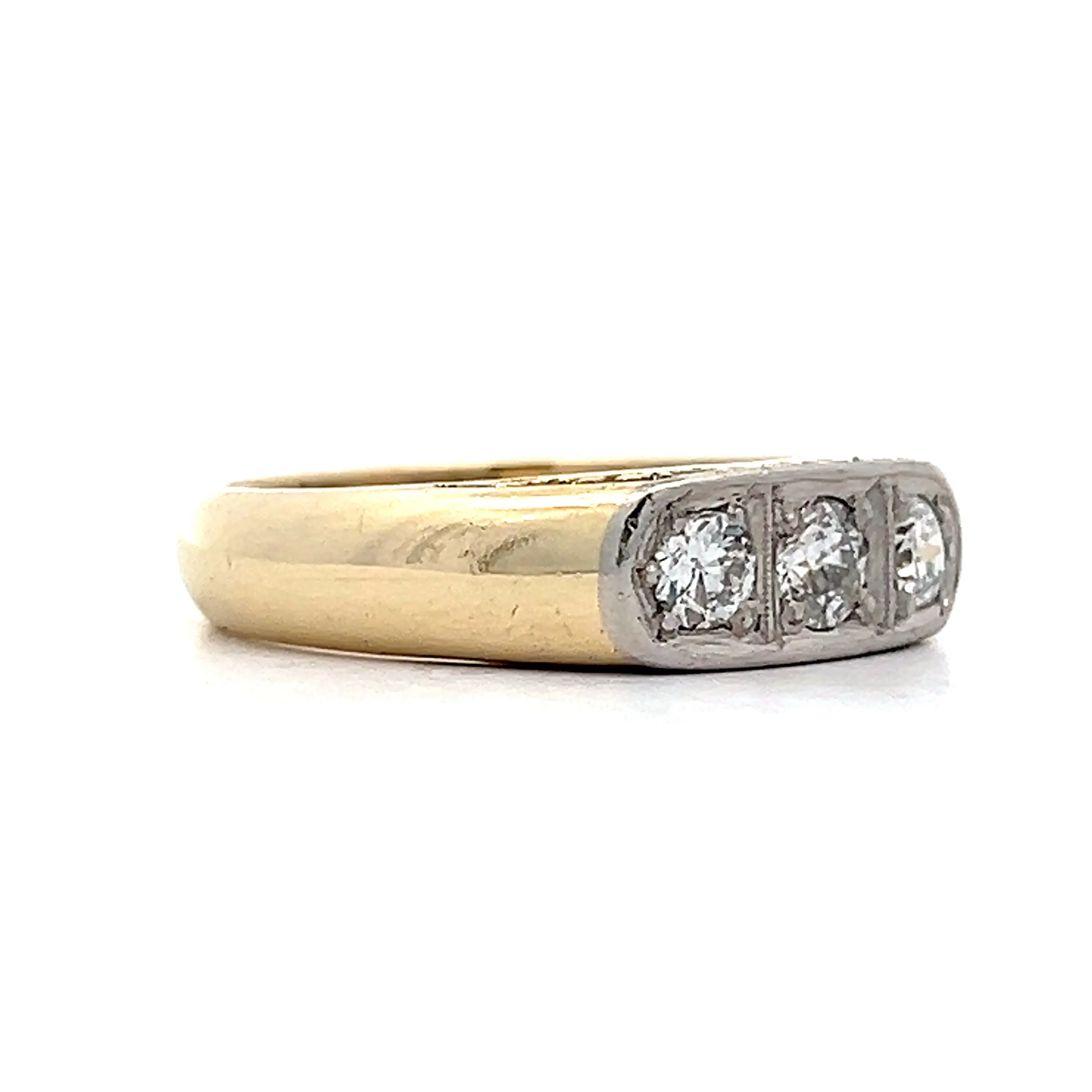 Mens Vintage Three Stone Diamond Ring in 14k Yellow & White Gold - Image 3