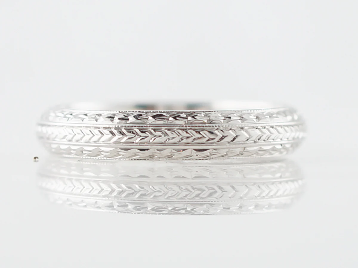 Men's Vintage Wedding Band Engraved Art Deco in 18k White Gold