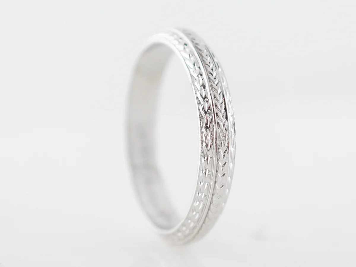 Men's Vintage Wedding Band Engraved Art Deco in 18k White Gold - Image 3