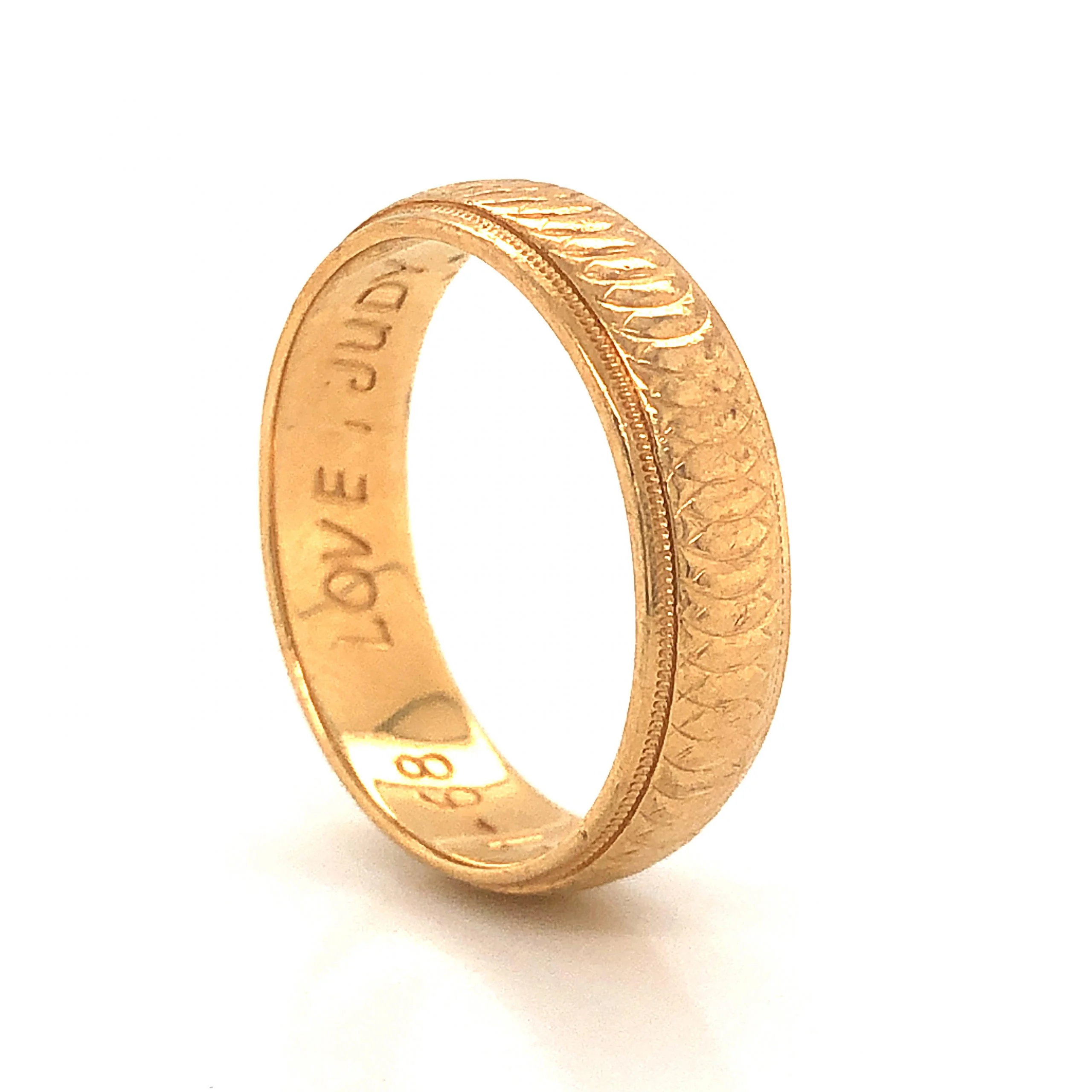 Mid-Century 5.8mm Engraved Wedding Band in 14k Yellow Gold - Image 2
