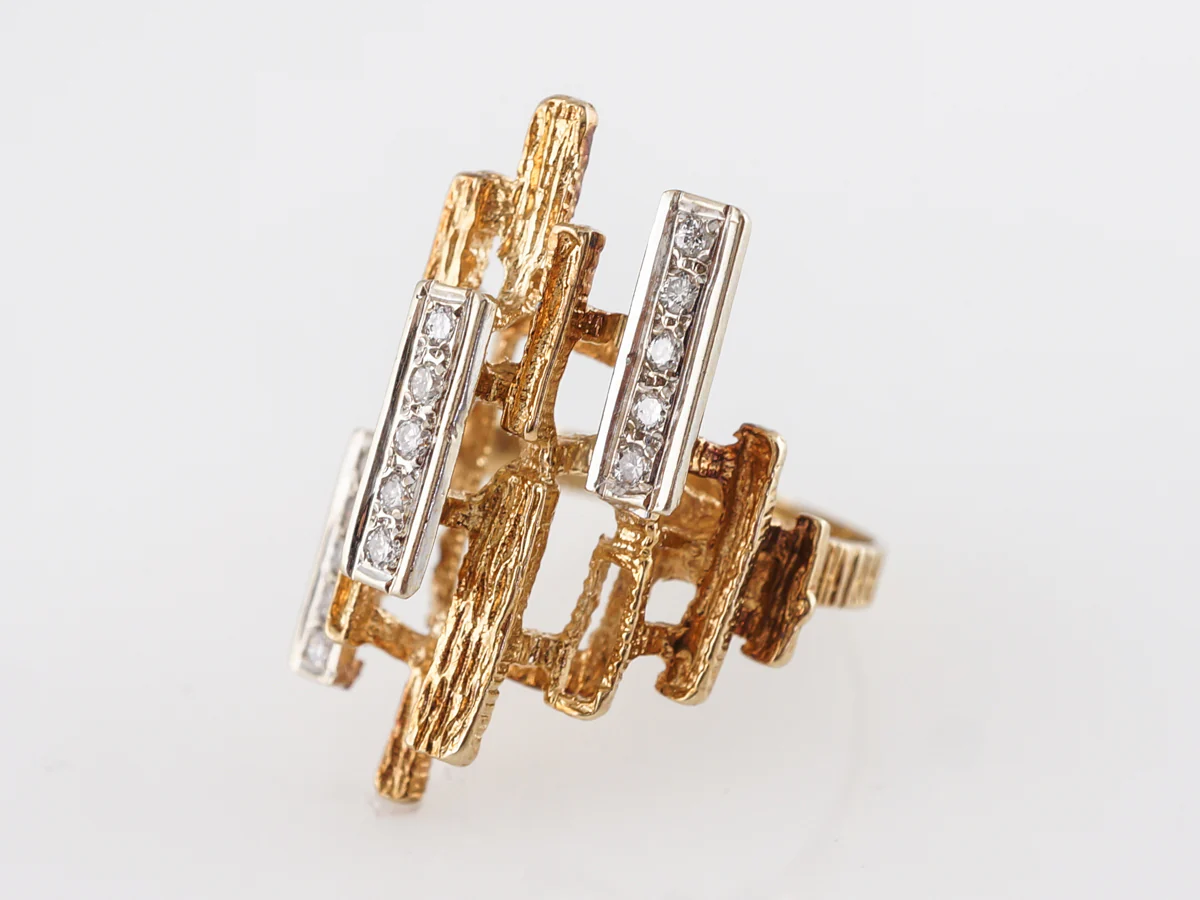 Mid-Century Bark Textured Diamond Ring 14k Yellow Gold - Image 2