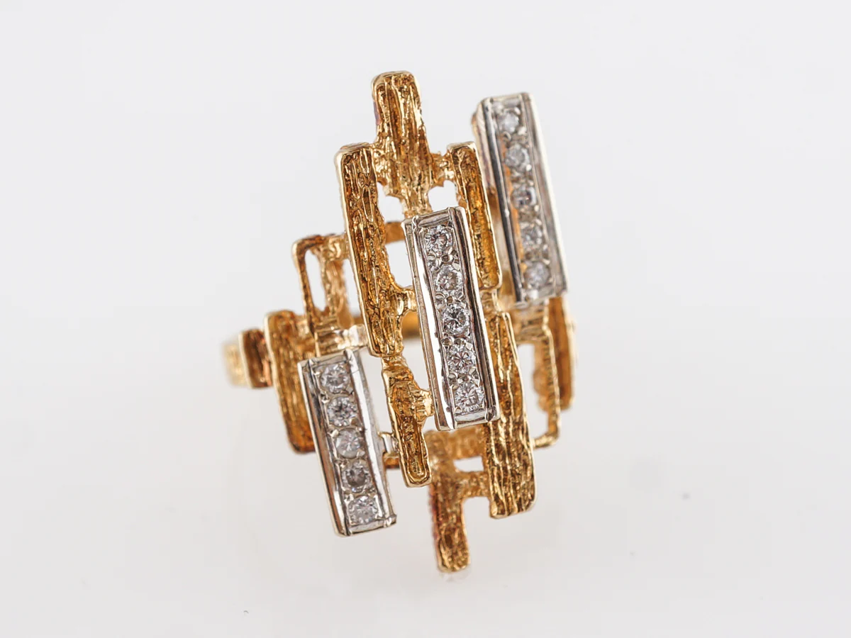 Mid-Century Bark Textured Diamond Ring 14k Yellow Gold - Image 3