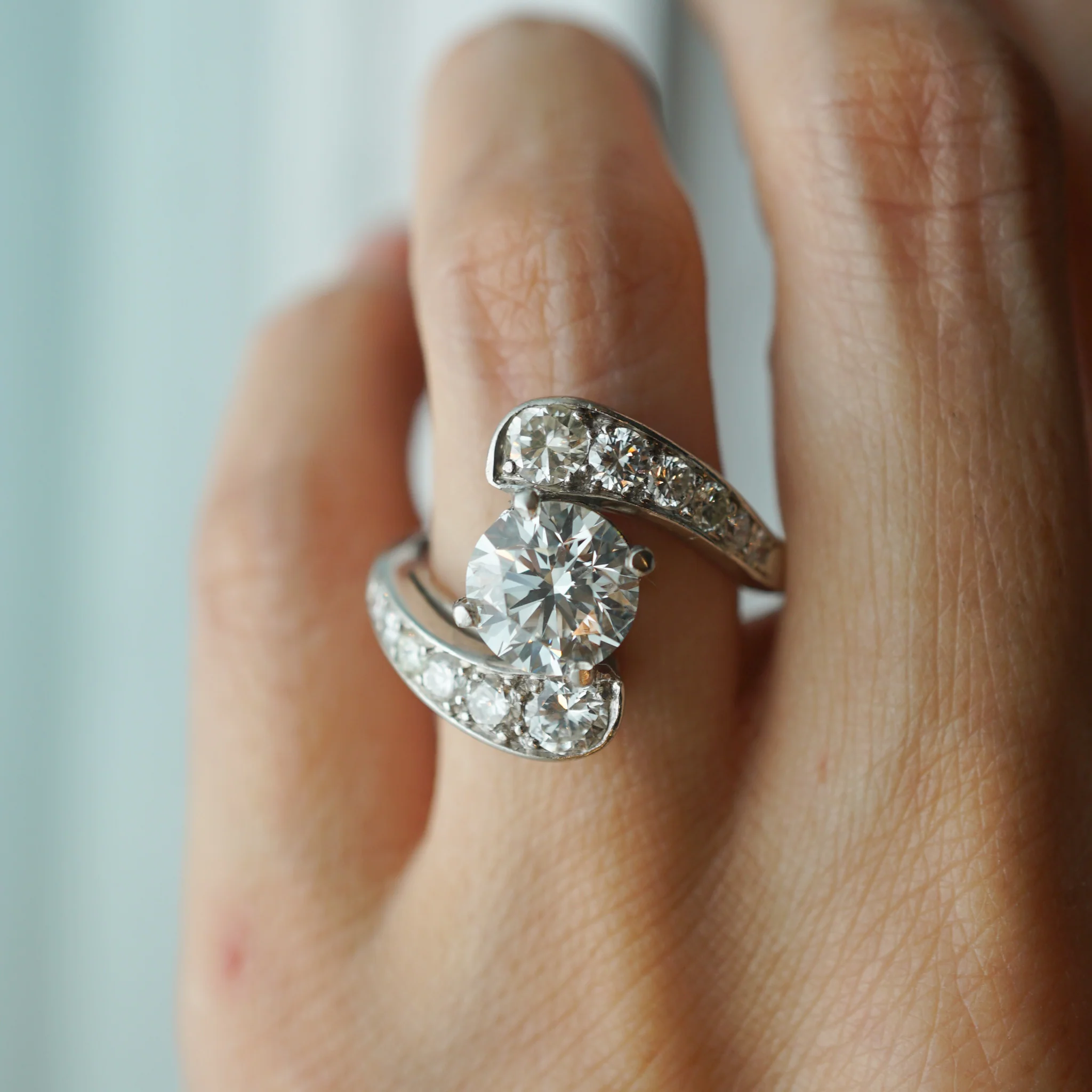 Mid-Century Bypass Diamond Engagement Ring in Platinum - Image 7