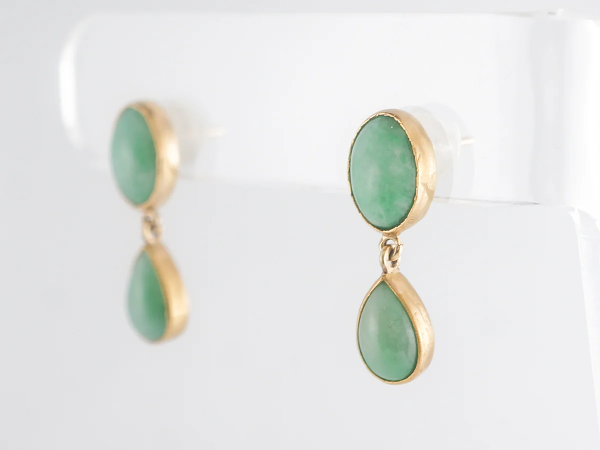 Mid-Century Cabochon Jade Drop Earrings 14K Yellow Gold - Image 2