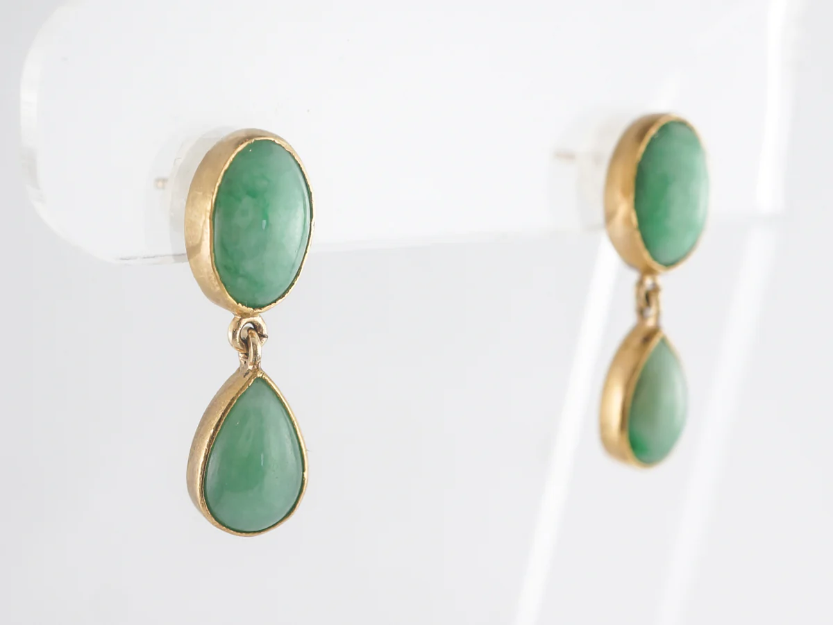 Mid-Century Cabochon Jade Drop Earrings 14K Yellow Gold - Image 3