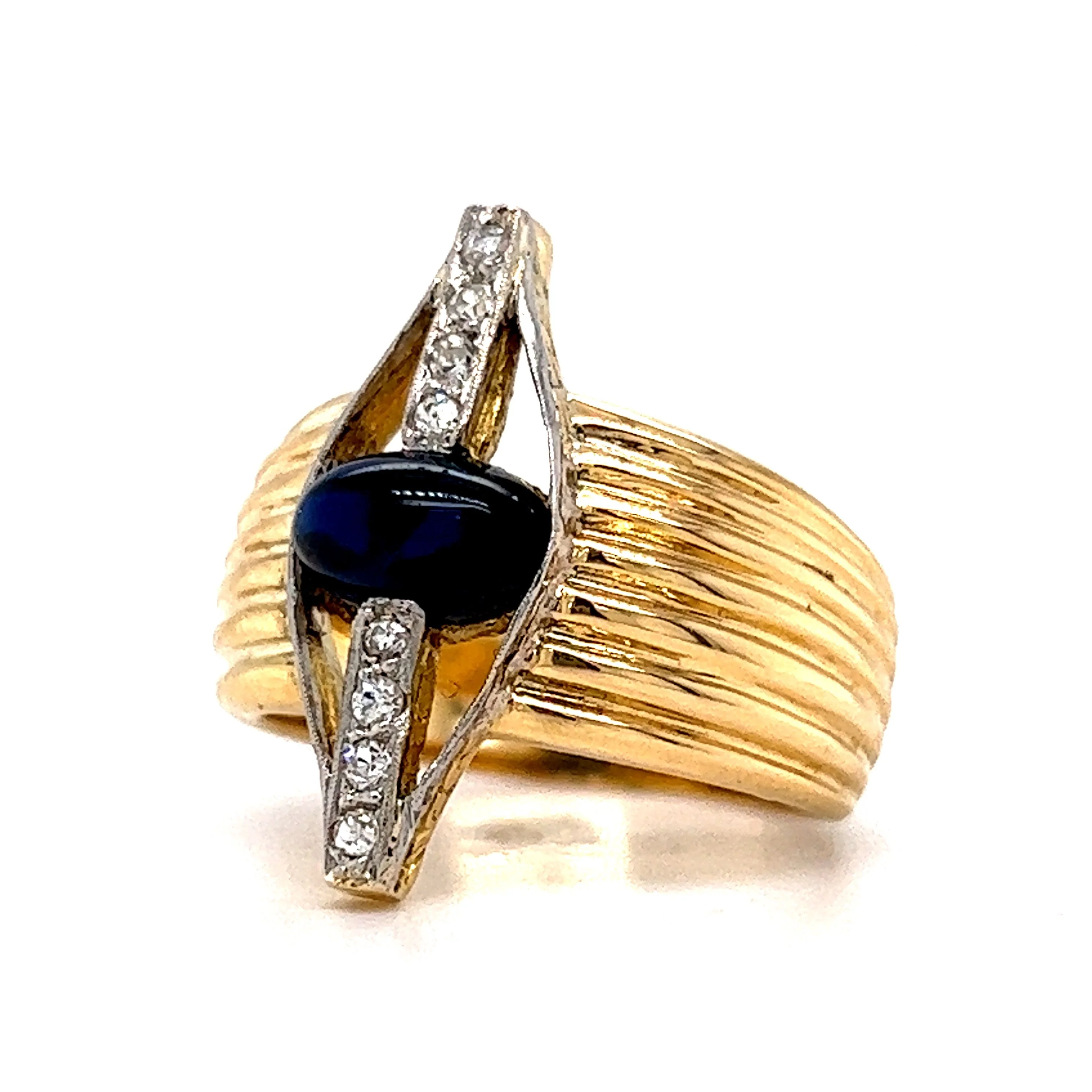 Mid-Century Cabochon Sapphire & Diamond Ring in 18k Yellow Gold - Image 2