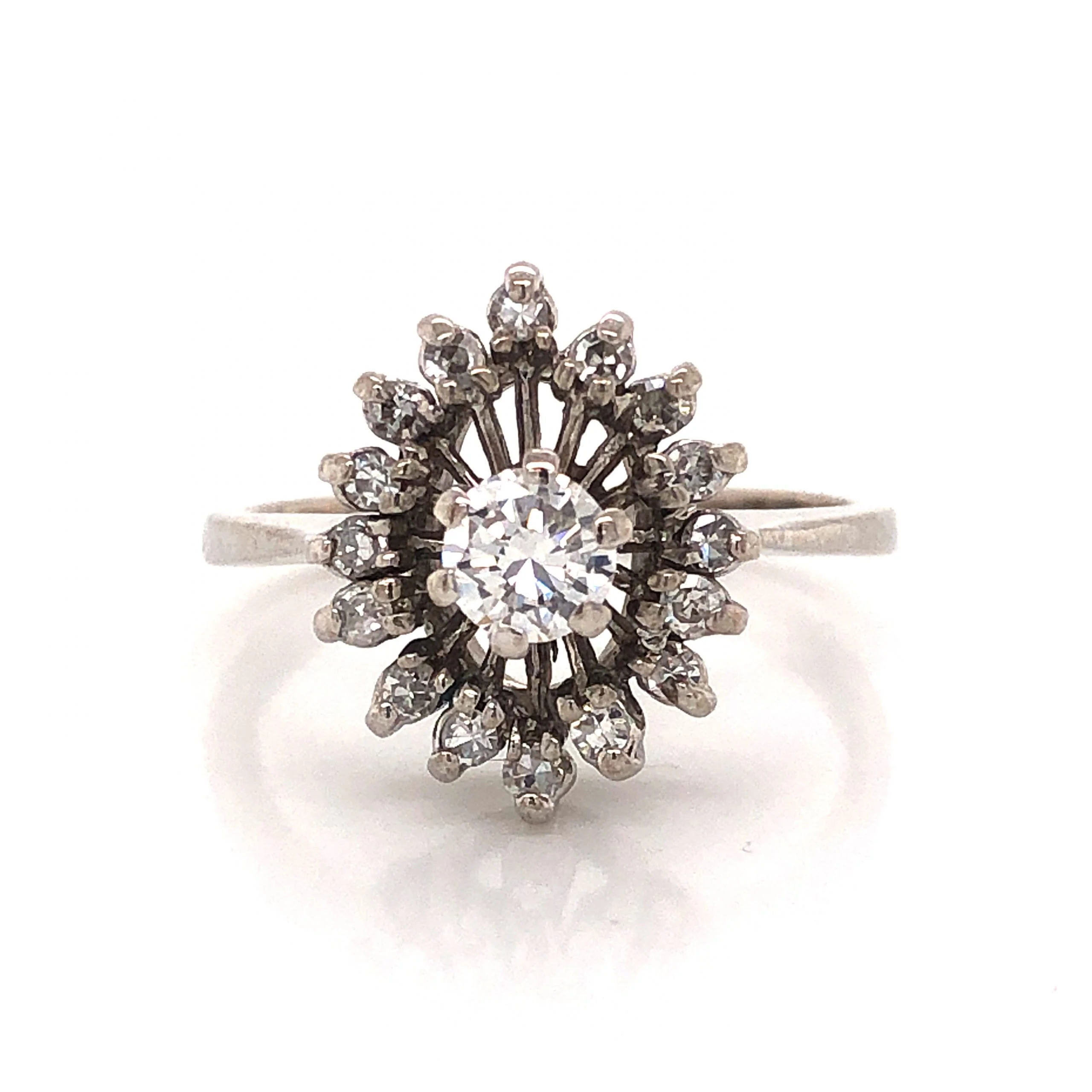 Mid-Century Cluster Diamond Engagement Ring in 14k White Gold