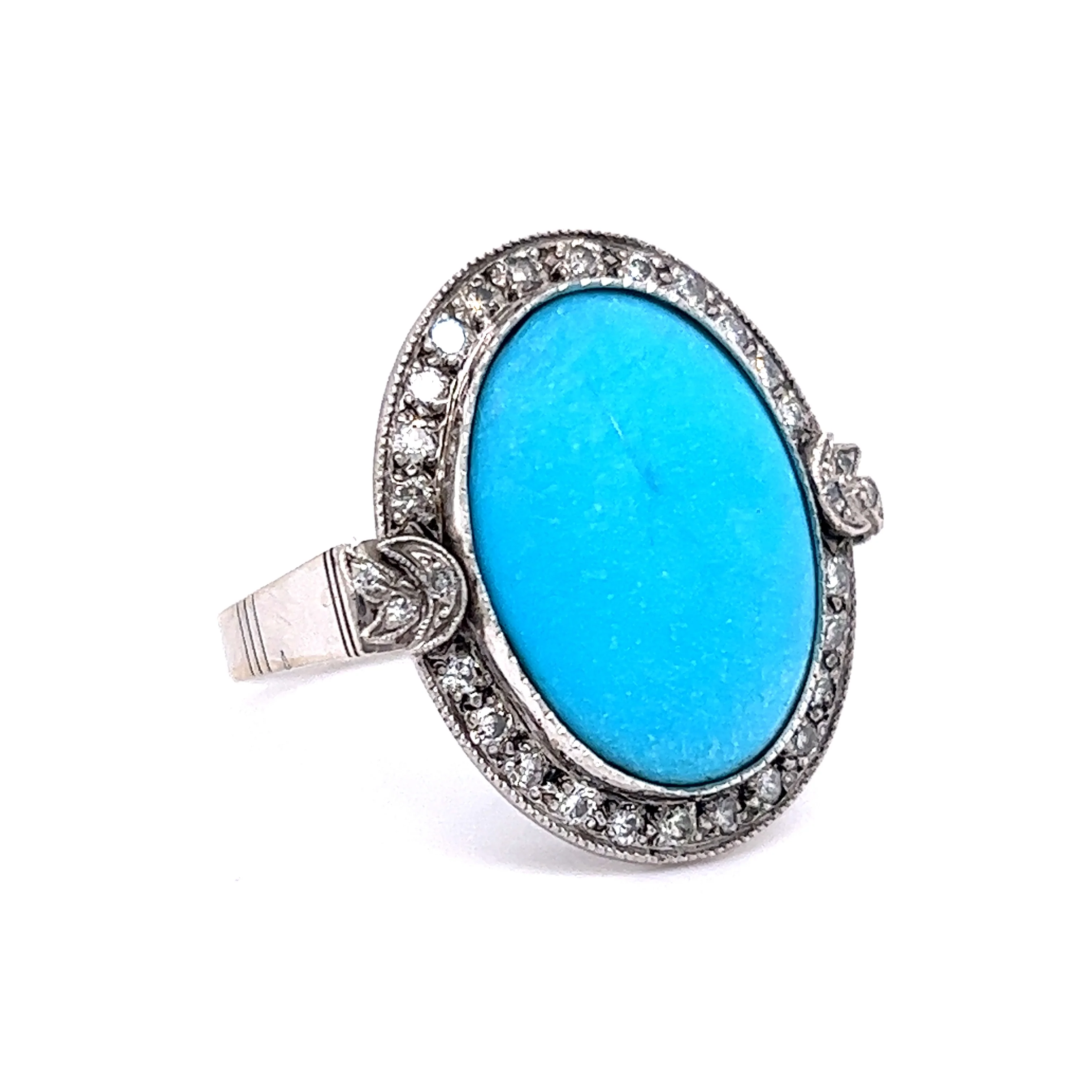 Victorian Turquoise & Diamond Halo Ring in 14k White Gold - Image 3