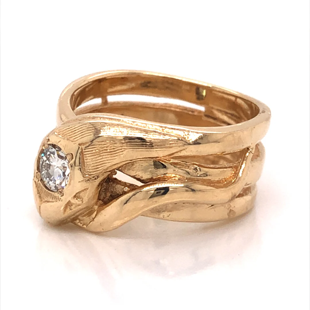 Mid-Century Diamond Head Snake Ring in 14k Yellow Gold - Image 2