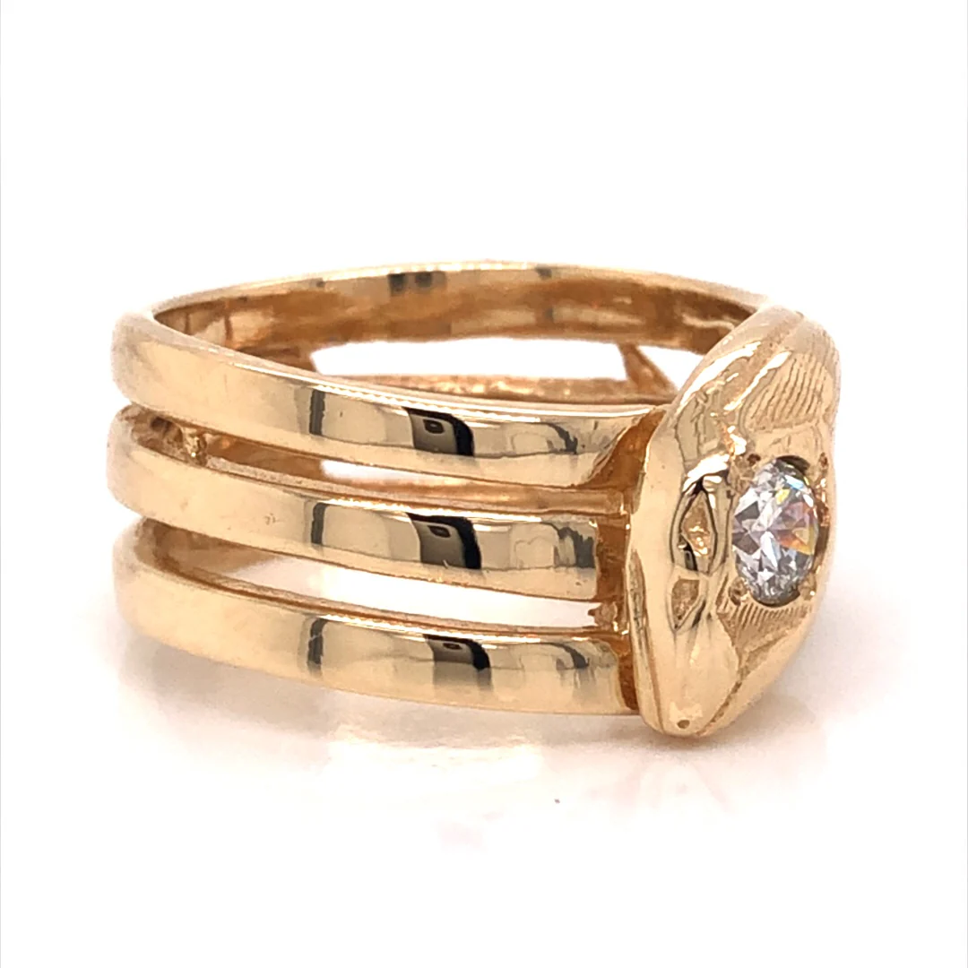 Mid-Century Diamond Head Snake Ring in 14k Yellow Gold - Image 3
