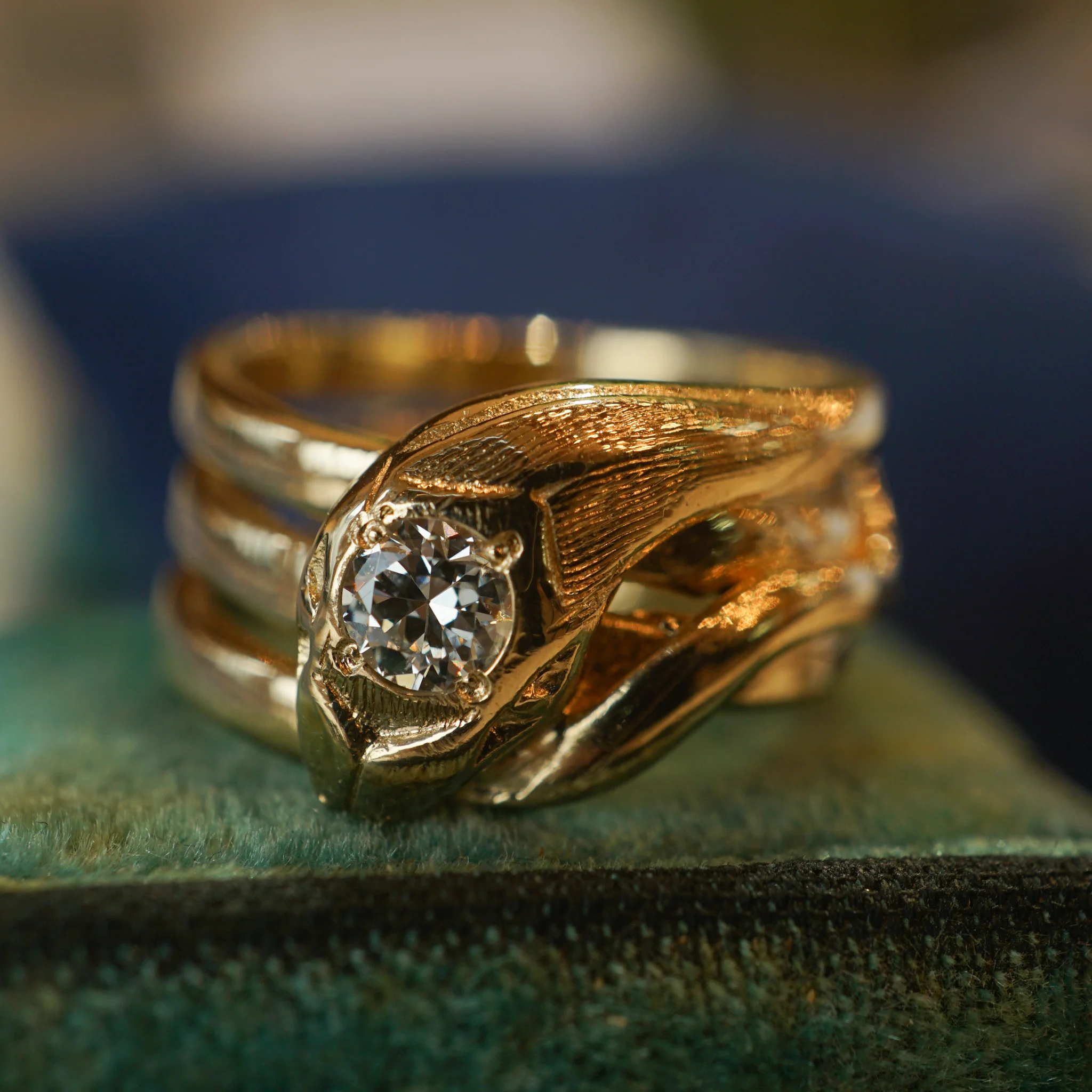 Mid-Century Diamond Head Snake Ring in 14k Yellow Gold - Image 5