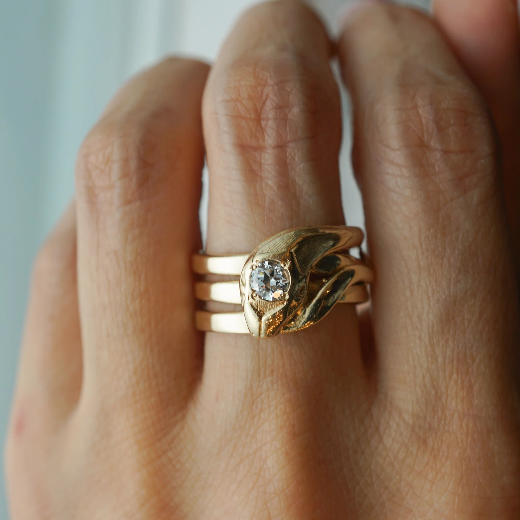 Mid-Century Diamond Head Snake Ring in 14k Yellow Gold - Image 6