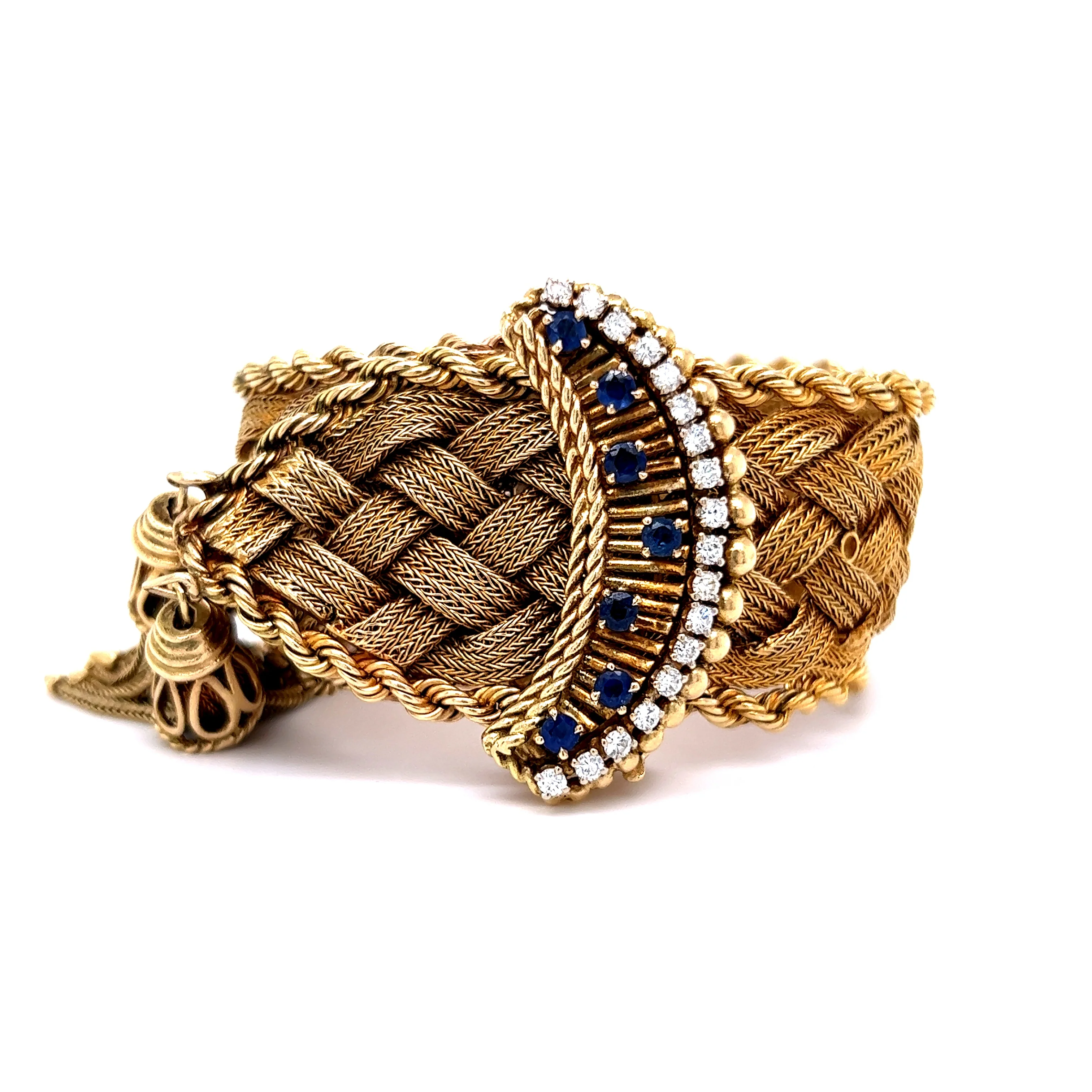 Mid-Century Diamond & Sapphire Bracelet in 14k Yellow Gold