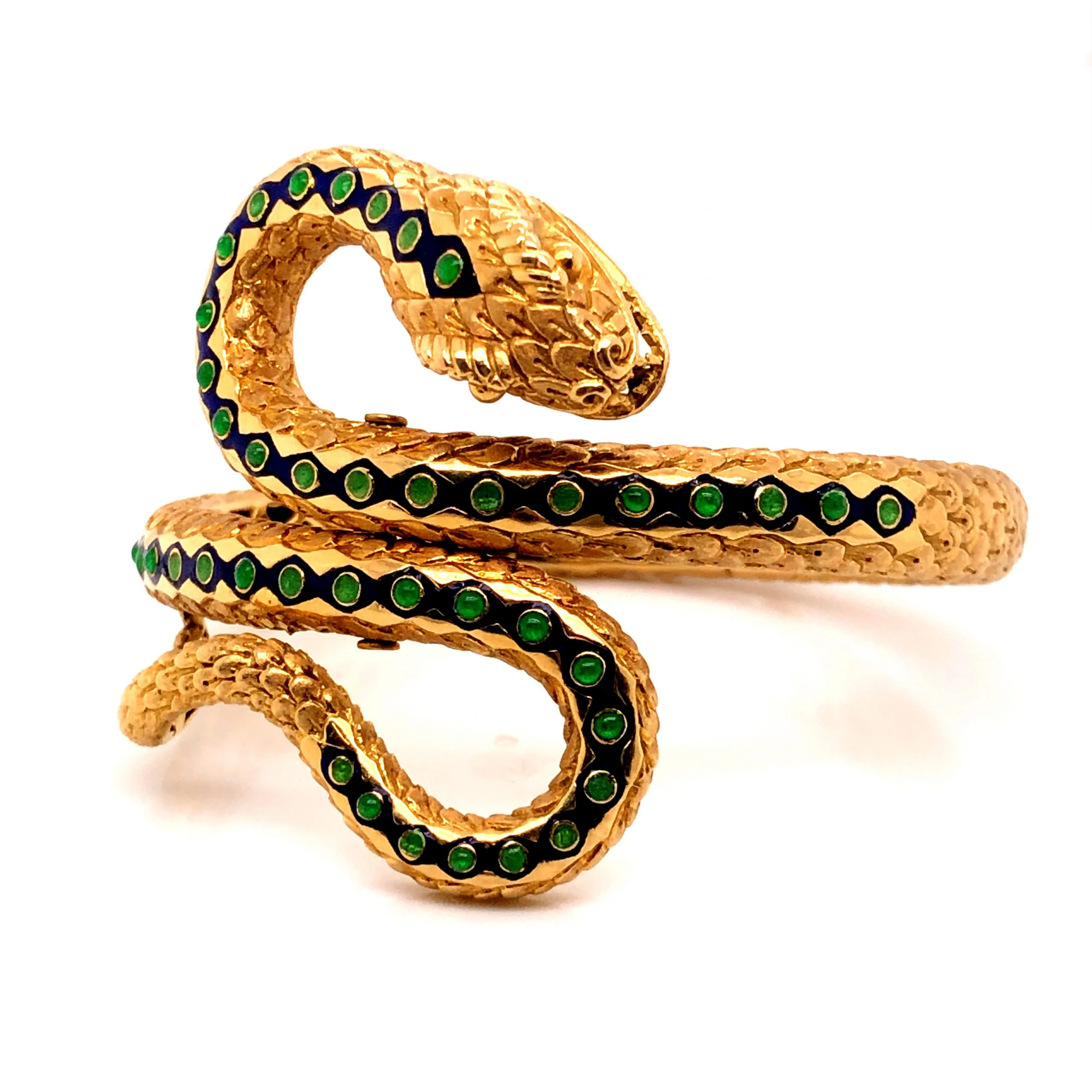 Mid-Century Emerald Snake Bracelet in 18k Yellow Gold - Image 2