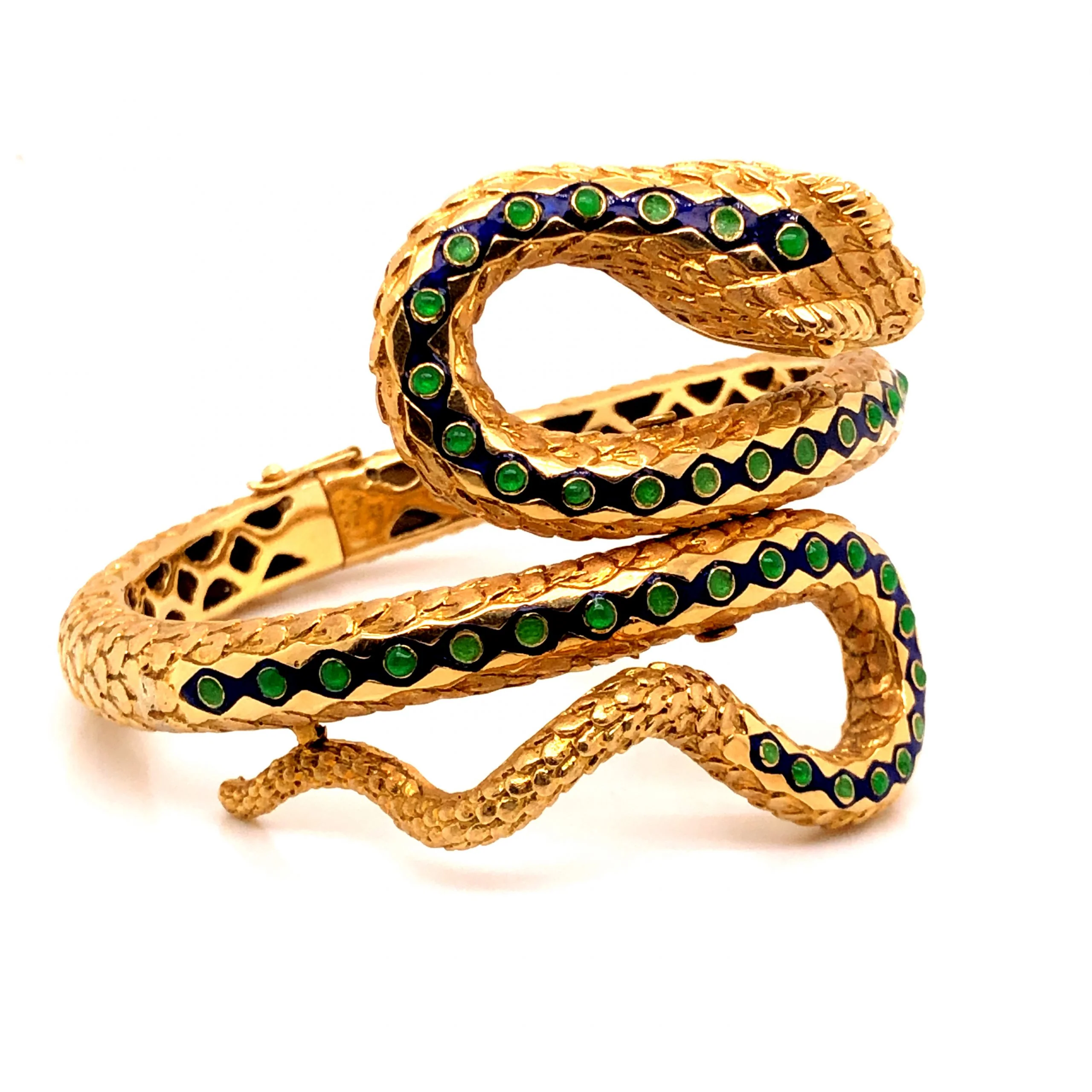 Mid-Century Emerald Snake Bracelet in 18k Yellow Gold - Image 3
