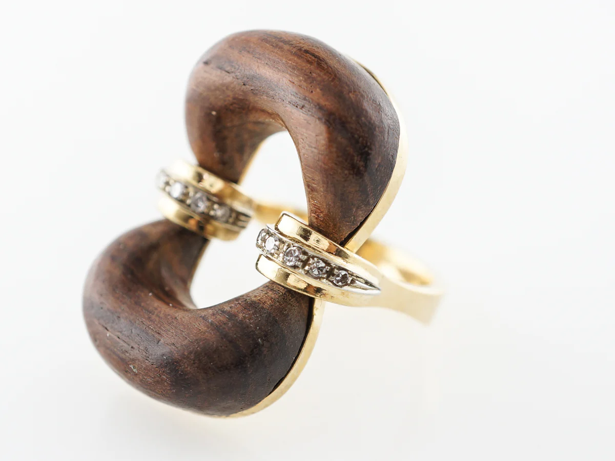 Mid-Century Italian Wood Ring w/ Diamonds in 18k Yellow Gold - Image 2