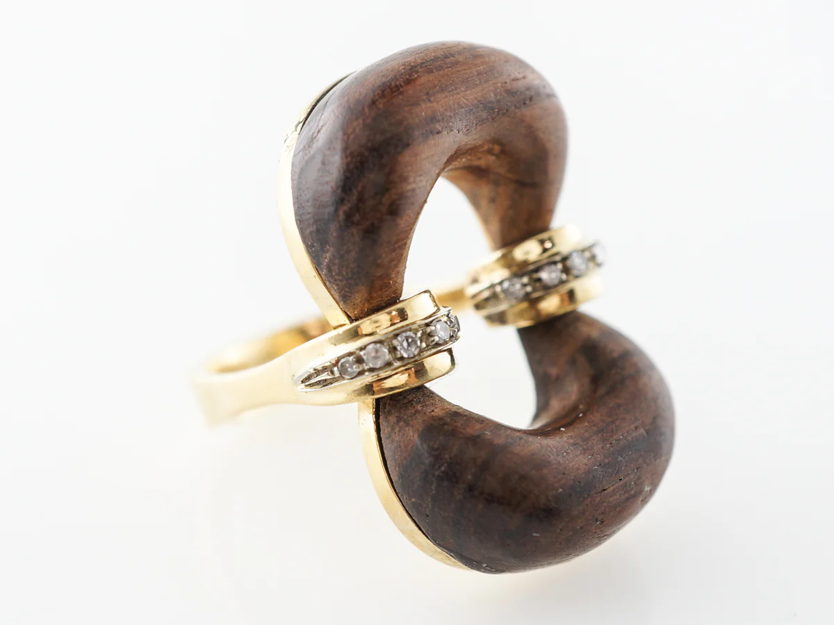 Mid-Century Italian Wood Ring w/ Diamonds in 18k Yellow Gold - Image 3
