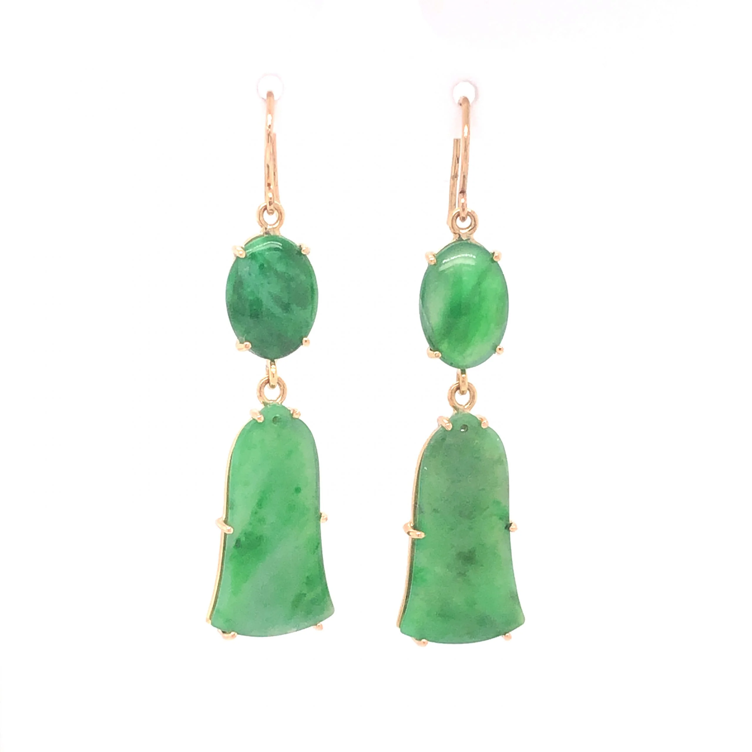 Mid-Century Jade Bell Earrings 14K Yellow Gold
