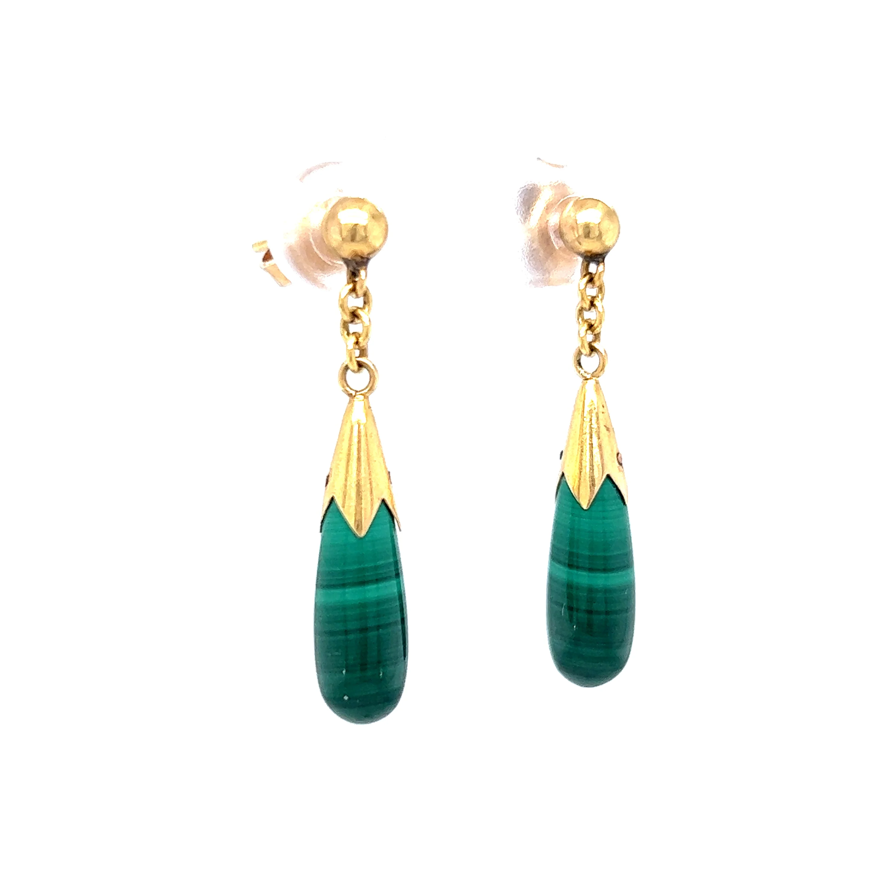 Mid-Century Malachite Drop Earrings 14k Yellow Gold - Image 3
