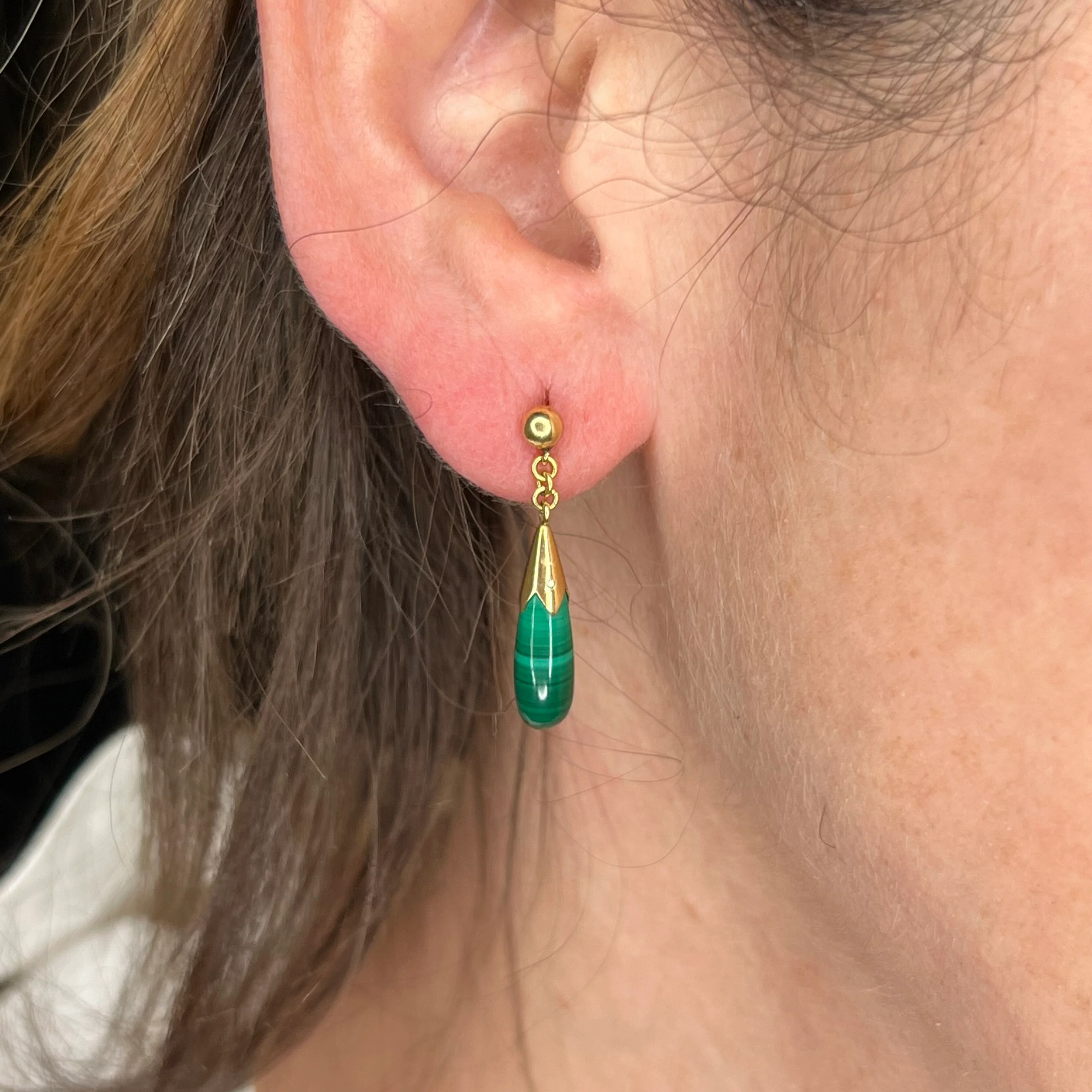 Mid-Century Malachite Drop Earrings 14k Yellow Gold - Image 4