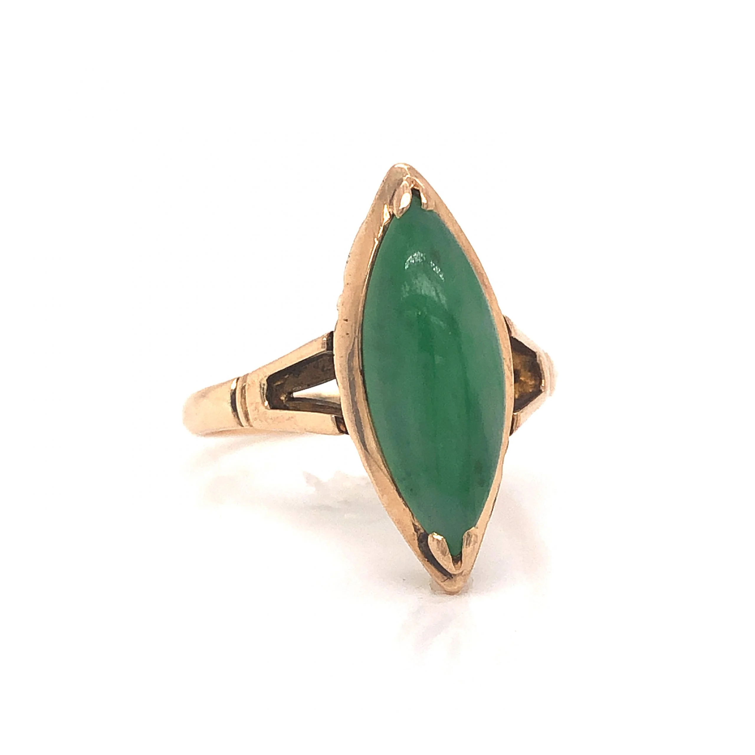 Mid-Century Marquise Shaped Jade Ring in 14k Yellow Gold - Image 3