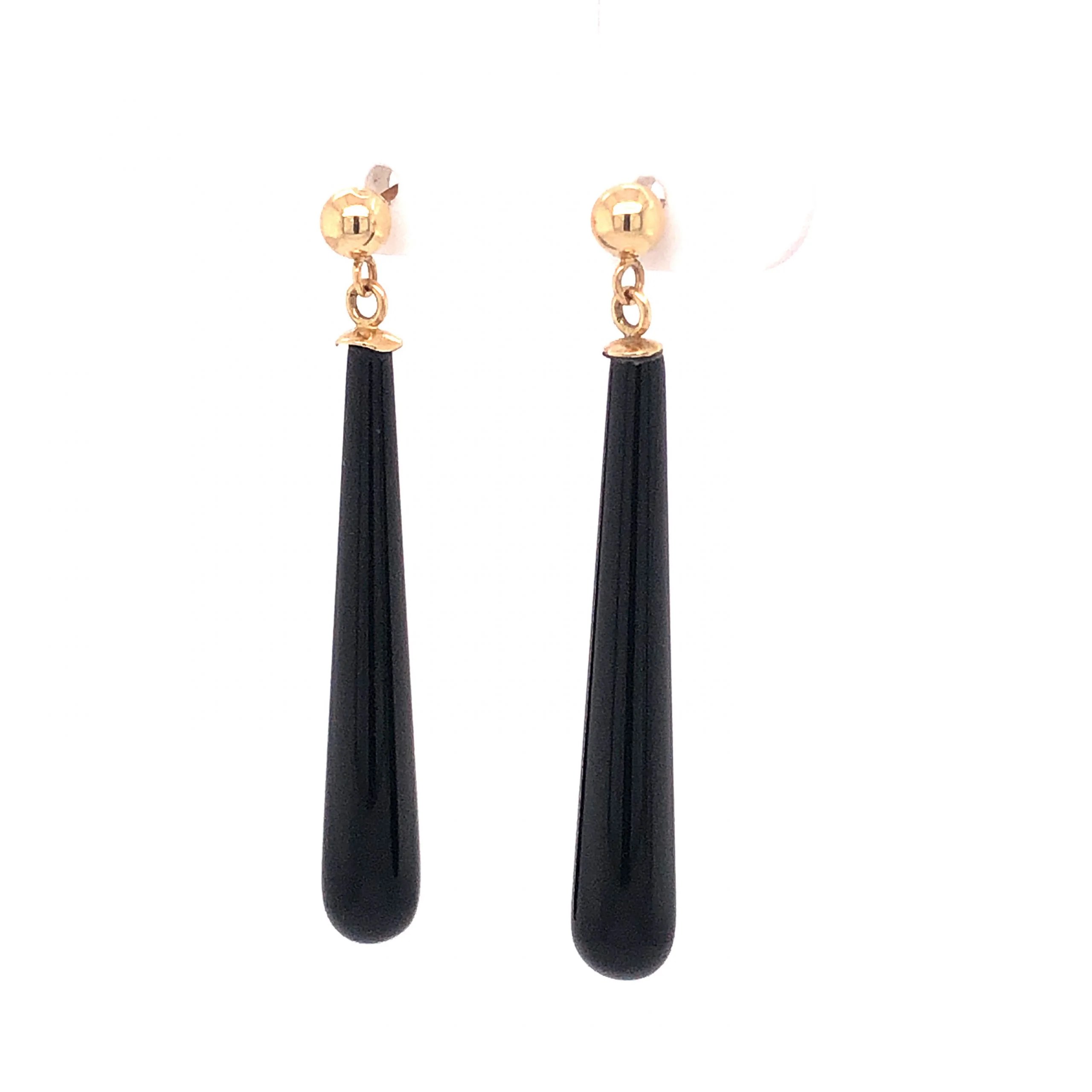 Mid-Century Onyx Drop Earrings 14k Yellow Gold - Image 2